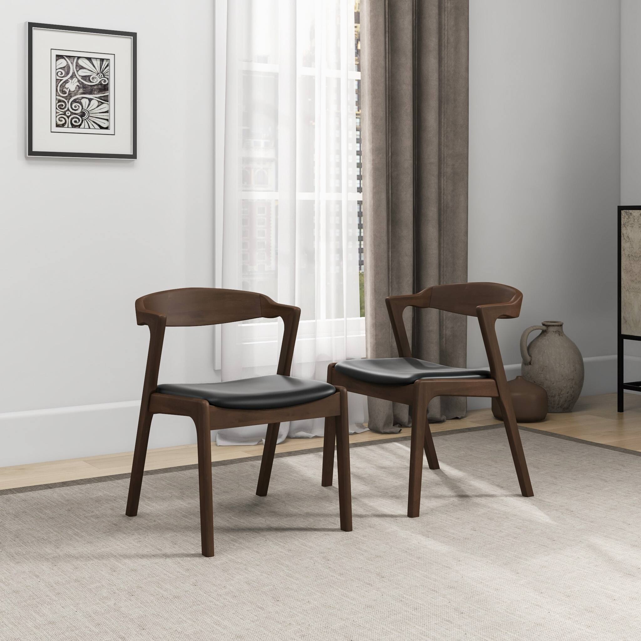 Mid-Century Solid Wood Dining Chair Set with Black Leather Upholstery (Set of 2)