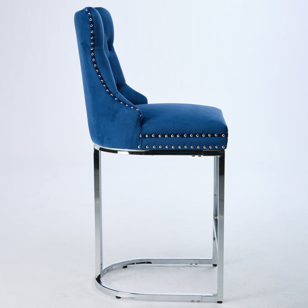 Luxury Elegant Nailhead Trim Tufted Velvet Bar Stools (Set of 2)