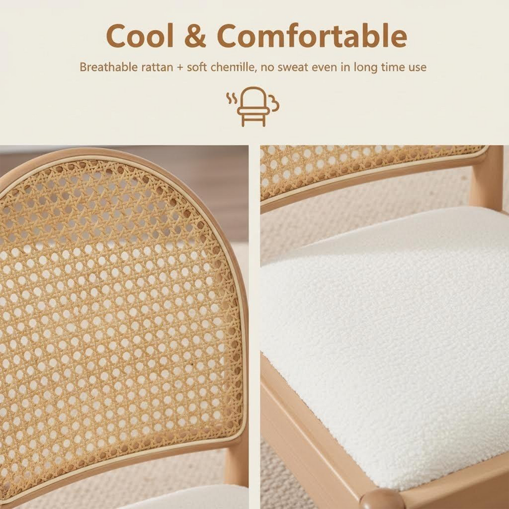 Set of 2 Rattan Dining Chairs Upholstered Linen Modern Wood-Leg Kitchen Chairs