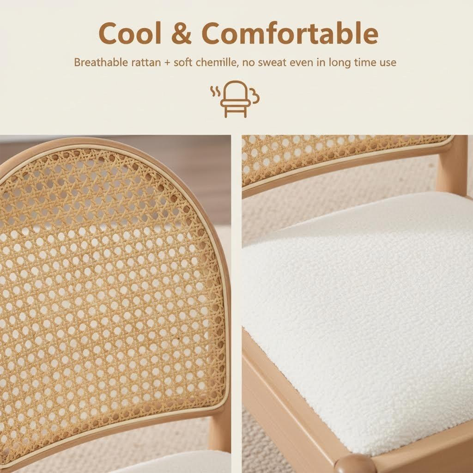 Set of 2 Rattan Dining Chairs Upholstered Linen Modern Wood-Leg Kitchen Chairs
