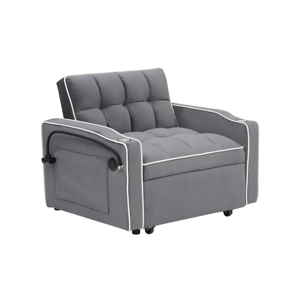 Velvet Foldable Sofa Bed Adjustable Back with USB, Ashtray & Phone Stand