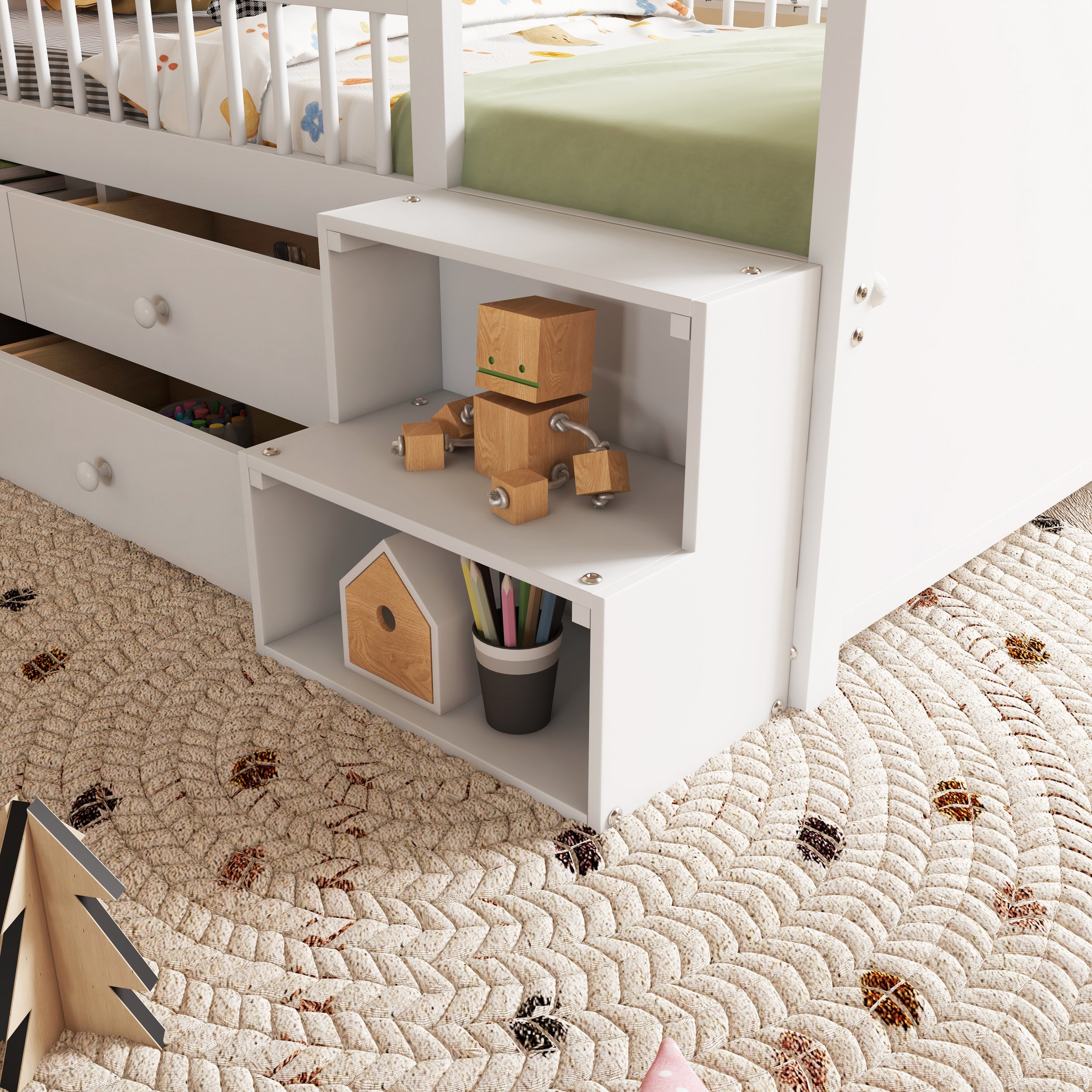 Wooden Twin Loft Bed with House Shape Headboard