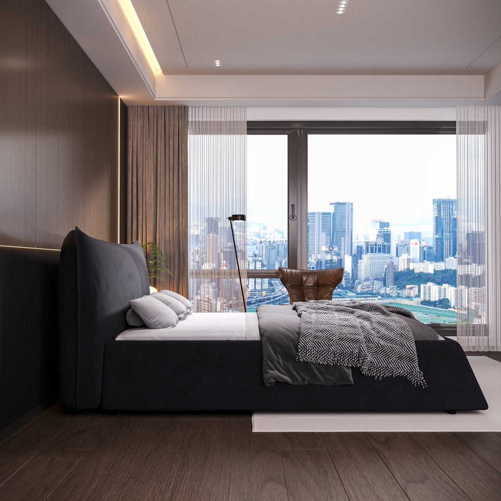Queen Size Upholstered Platform Bed with Velvet Headboard
