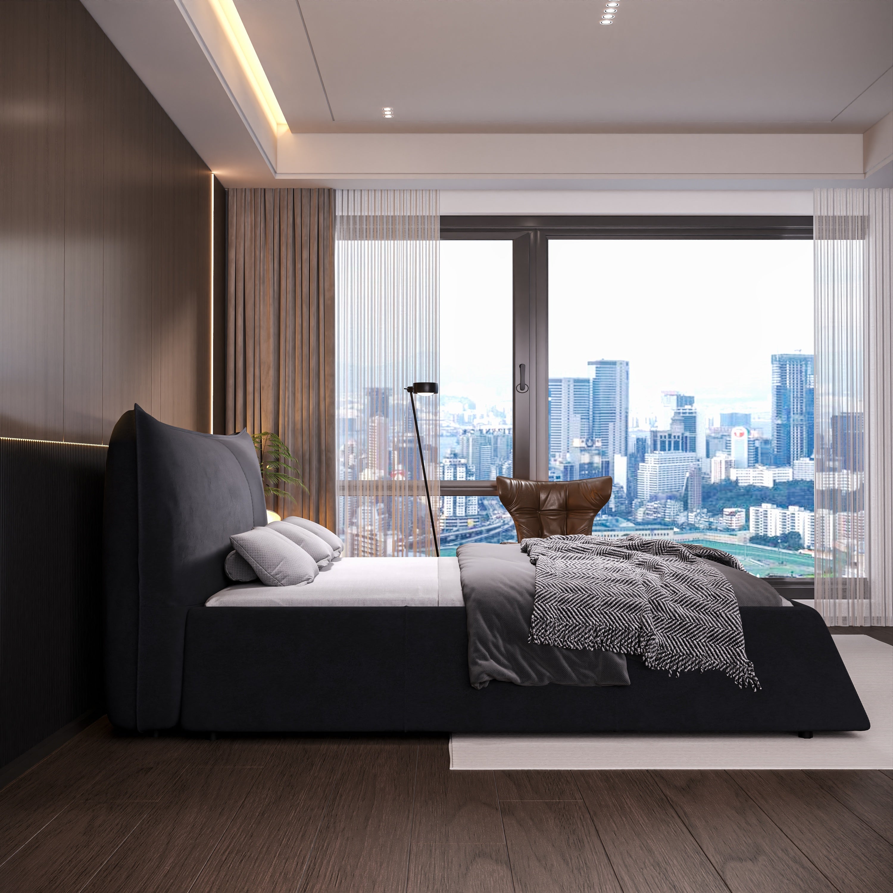 Queen Size Upholstered Platform Bed with Velvet Headboard