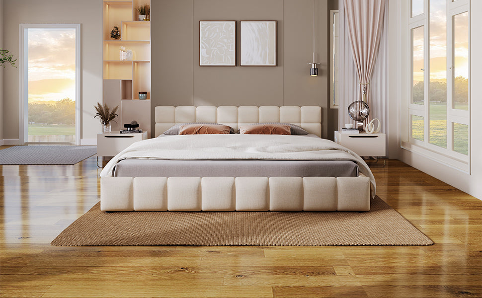 Elegant Beige Chenille Upholstered Bed with Checkerboard Design