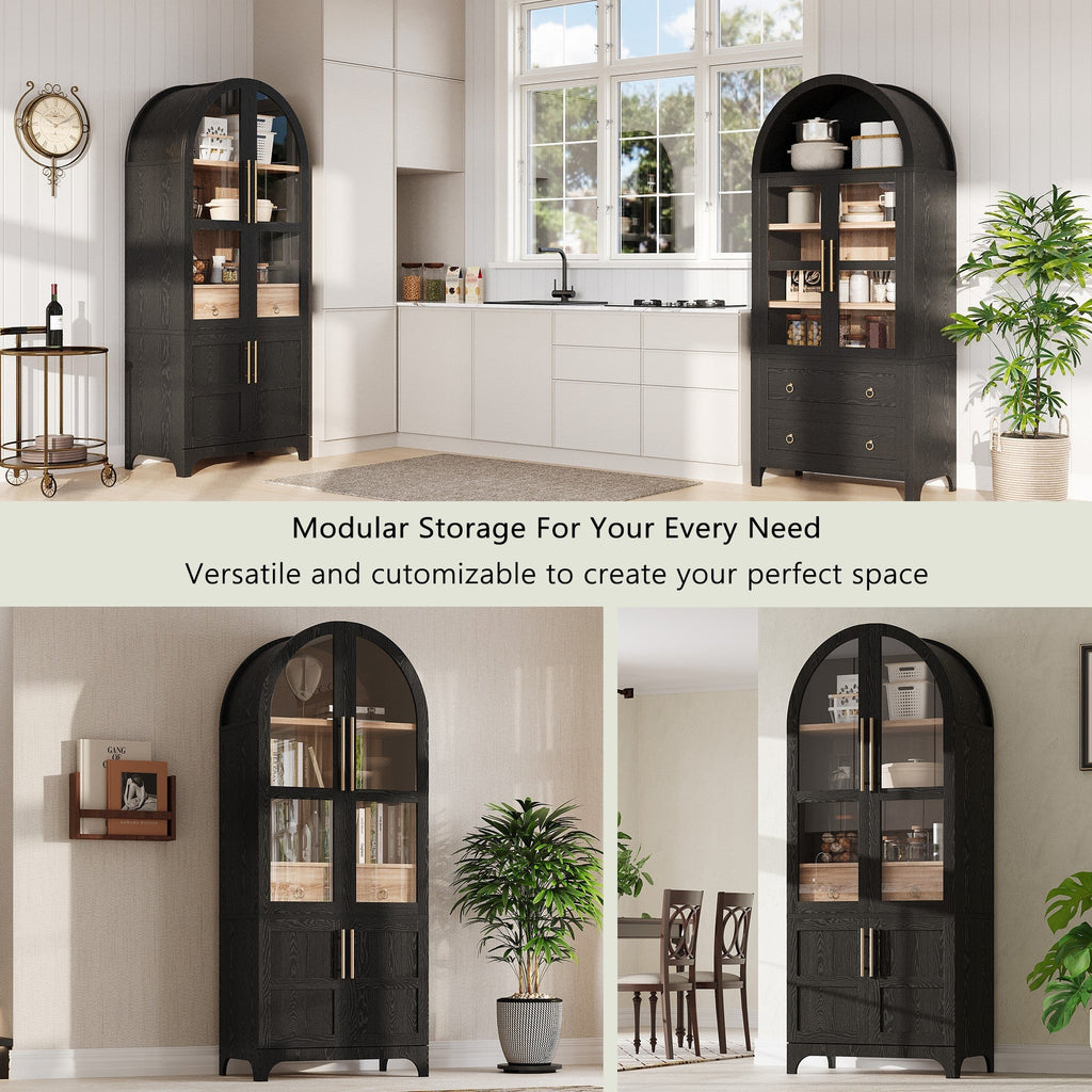 71" Tall Arched Farmhouse Kitchen Pantry Cabinet with Door Shelves