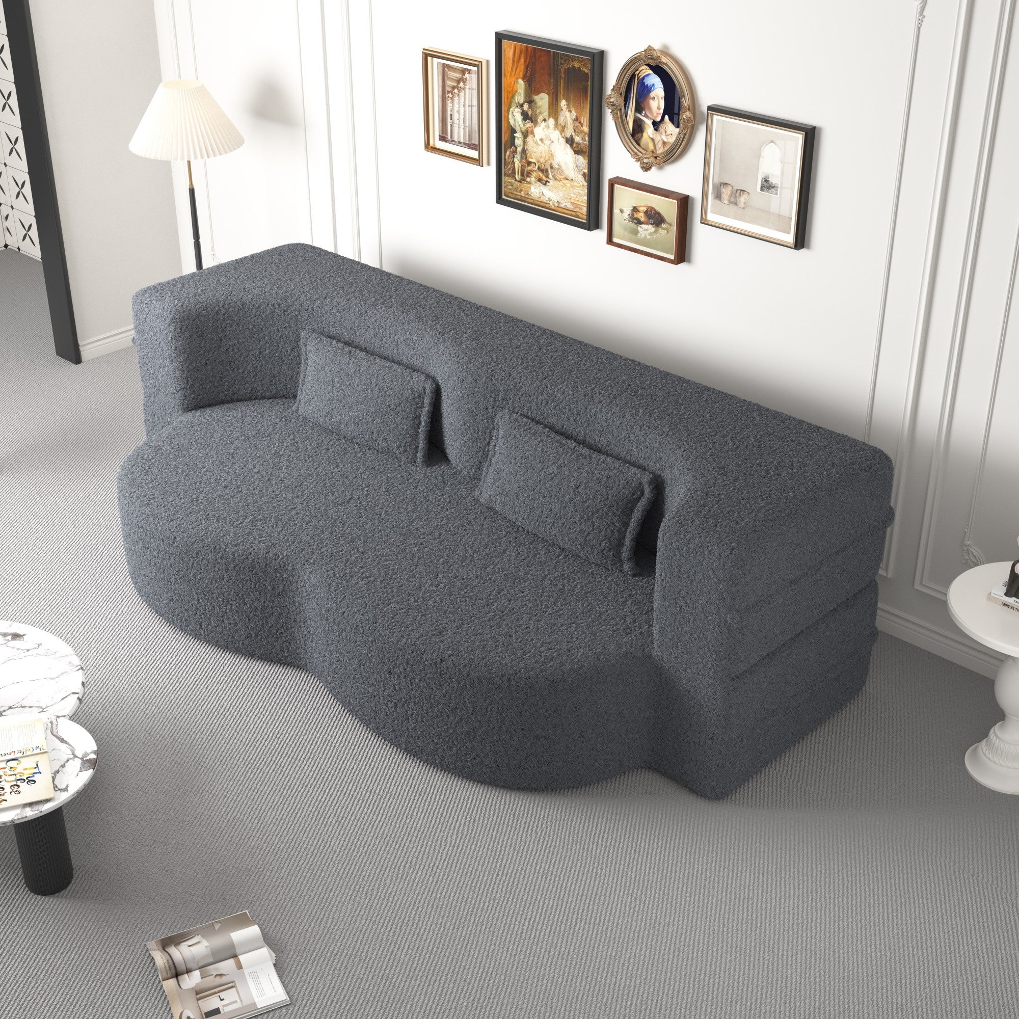 Modern Convertible Teddy Fabric Sofa with 2 Pillows
