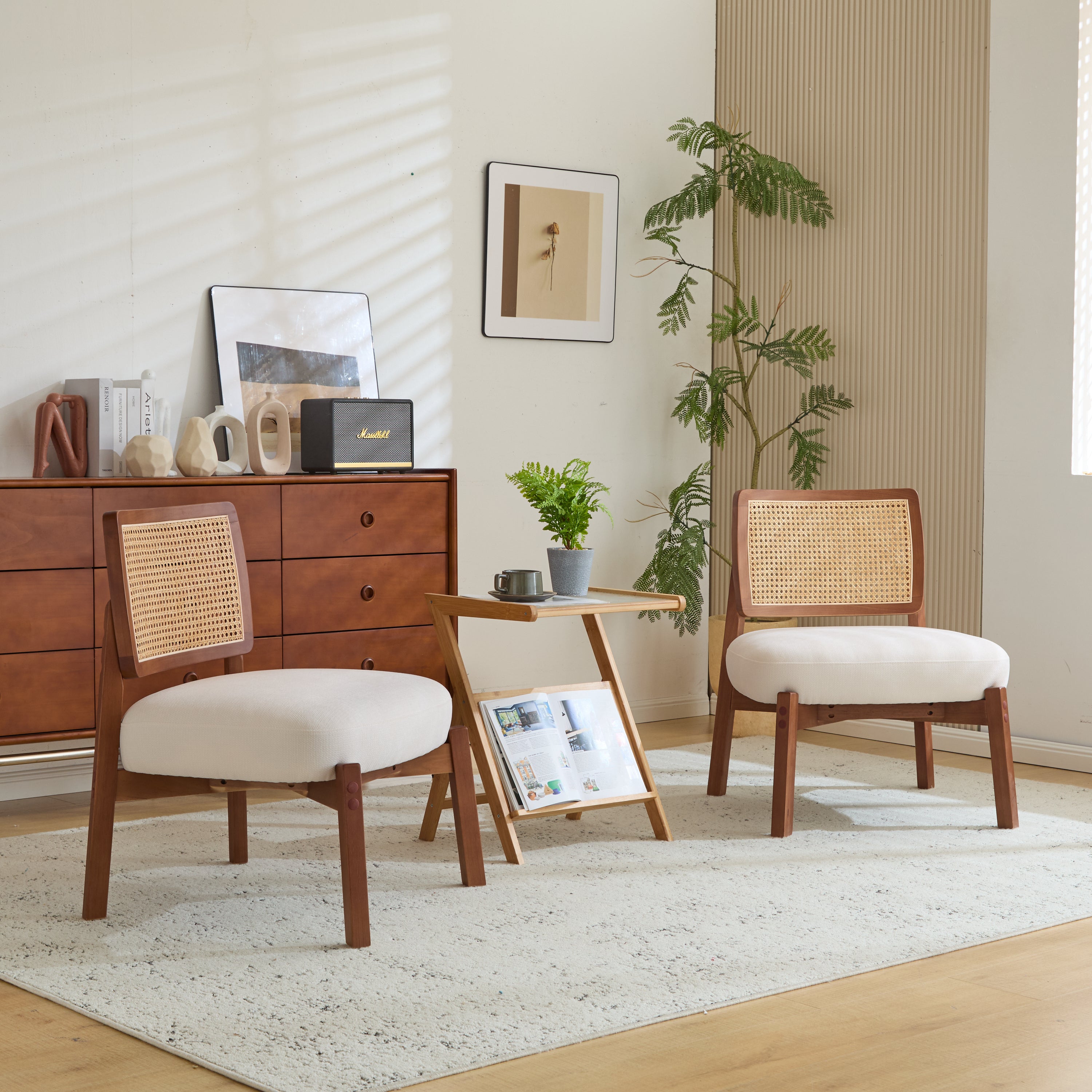 Modern Beige Lounge Chair with Woven Backrest (Set of 2)
