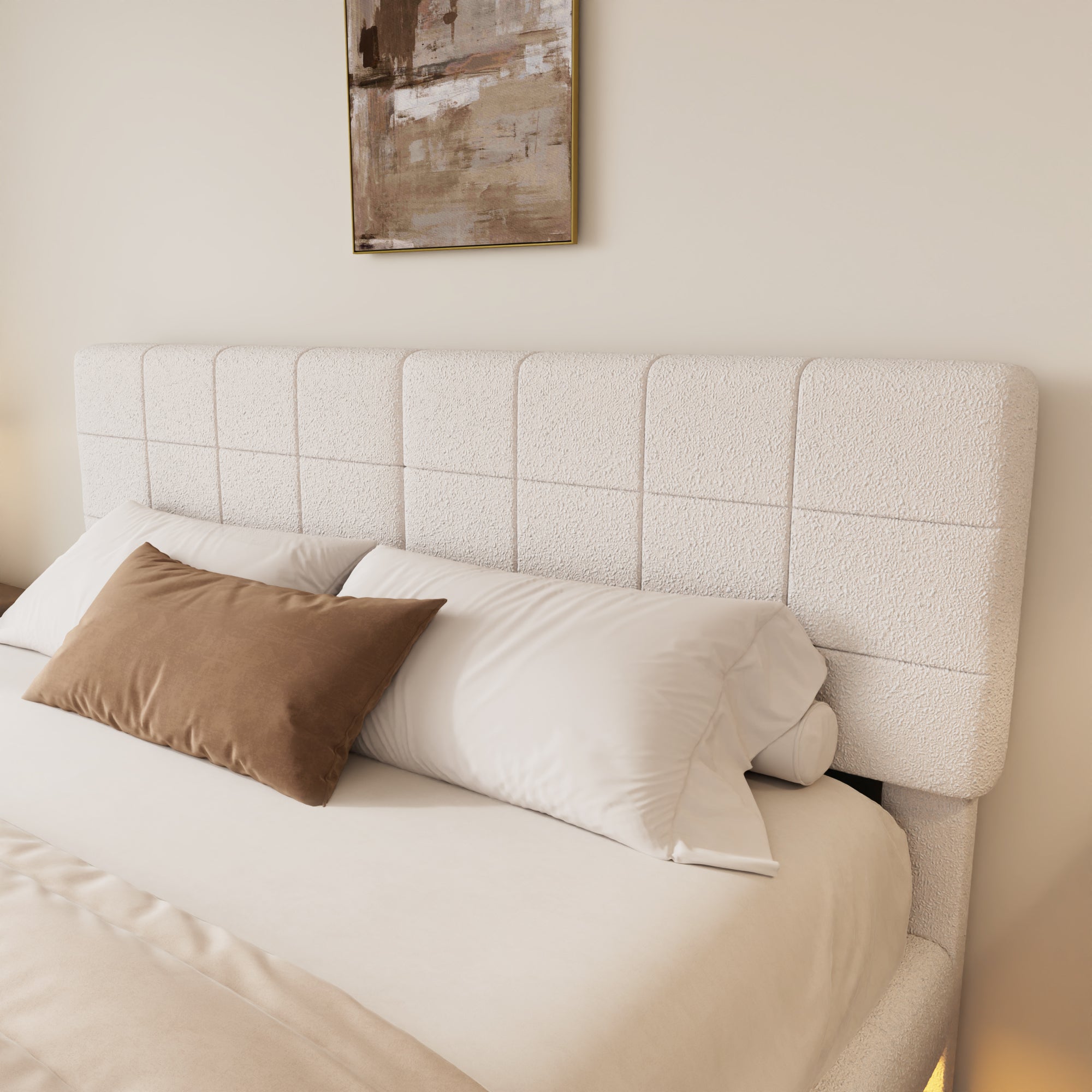 White  Boucle Floating Bed with Light