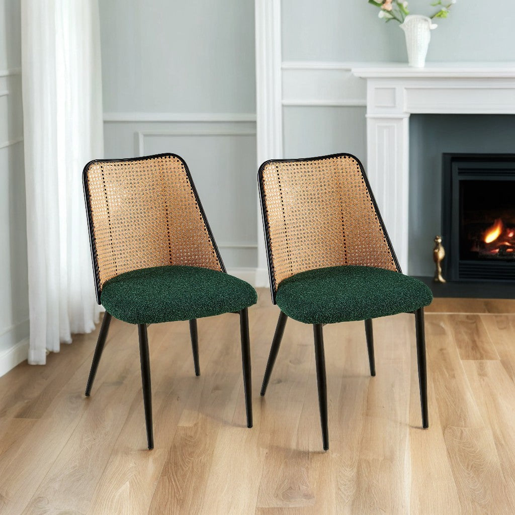 Green Rattan Boucle Dining Chairs with Natural Cane Back (Set of 2)