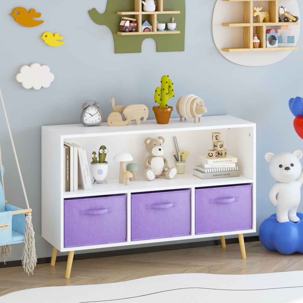 Children's Book Display Kids Bookcase with 3 Fabric Bins
