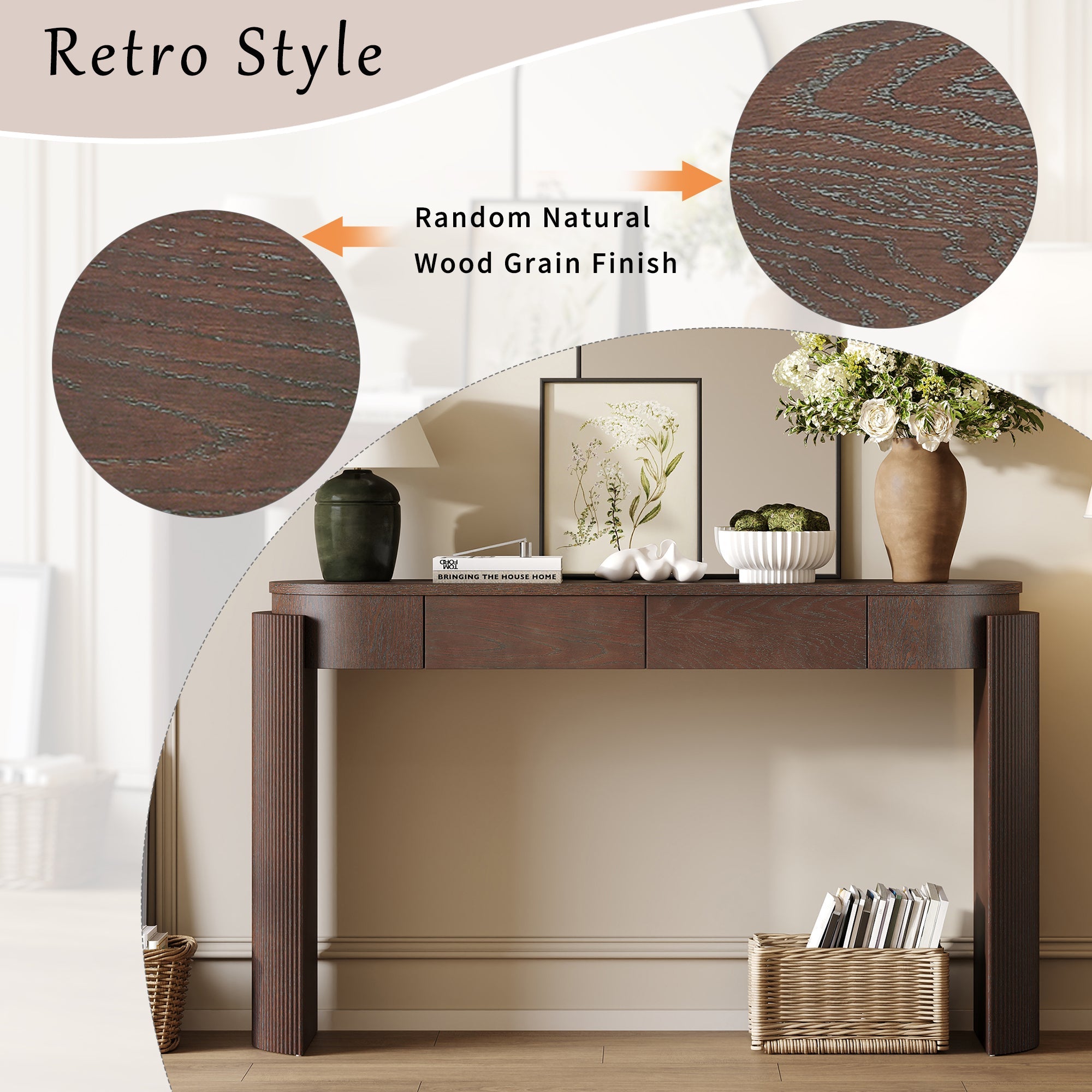Entryway Console Table with Fluted Legs & Storage Drawers
