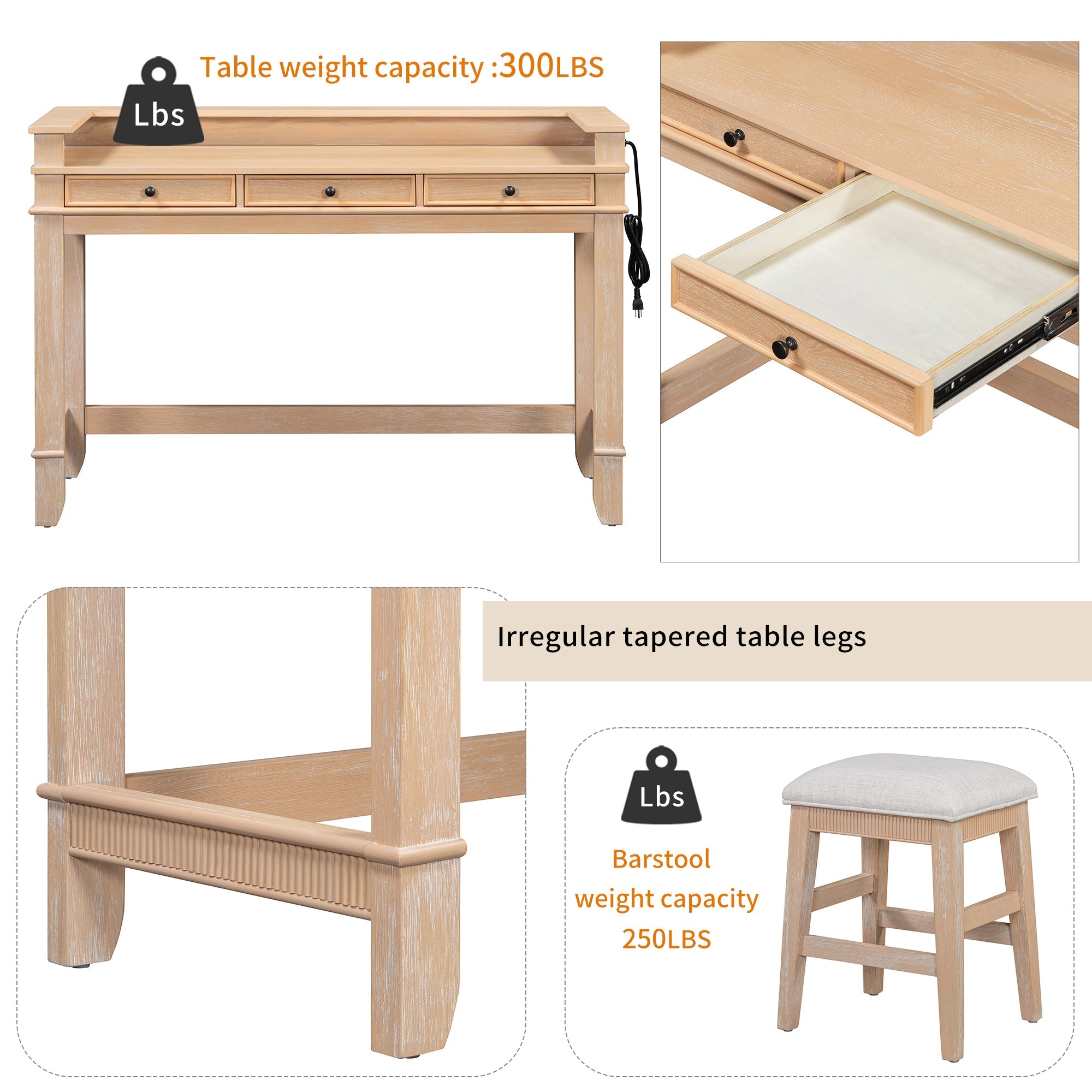 Retro Kitchen Table and Chairs Set with 3 Storage Drawers