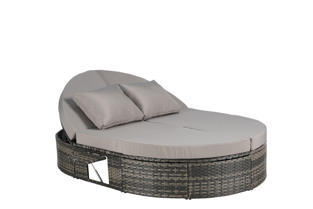 Round outdoor patio daybed with adjustable backrests foldable cup trays and cushioned wicker design ideal for backyard and poolside lounging