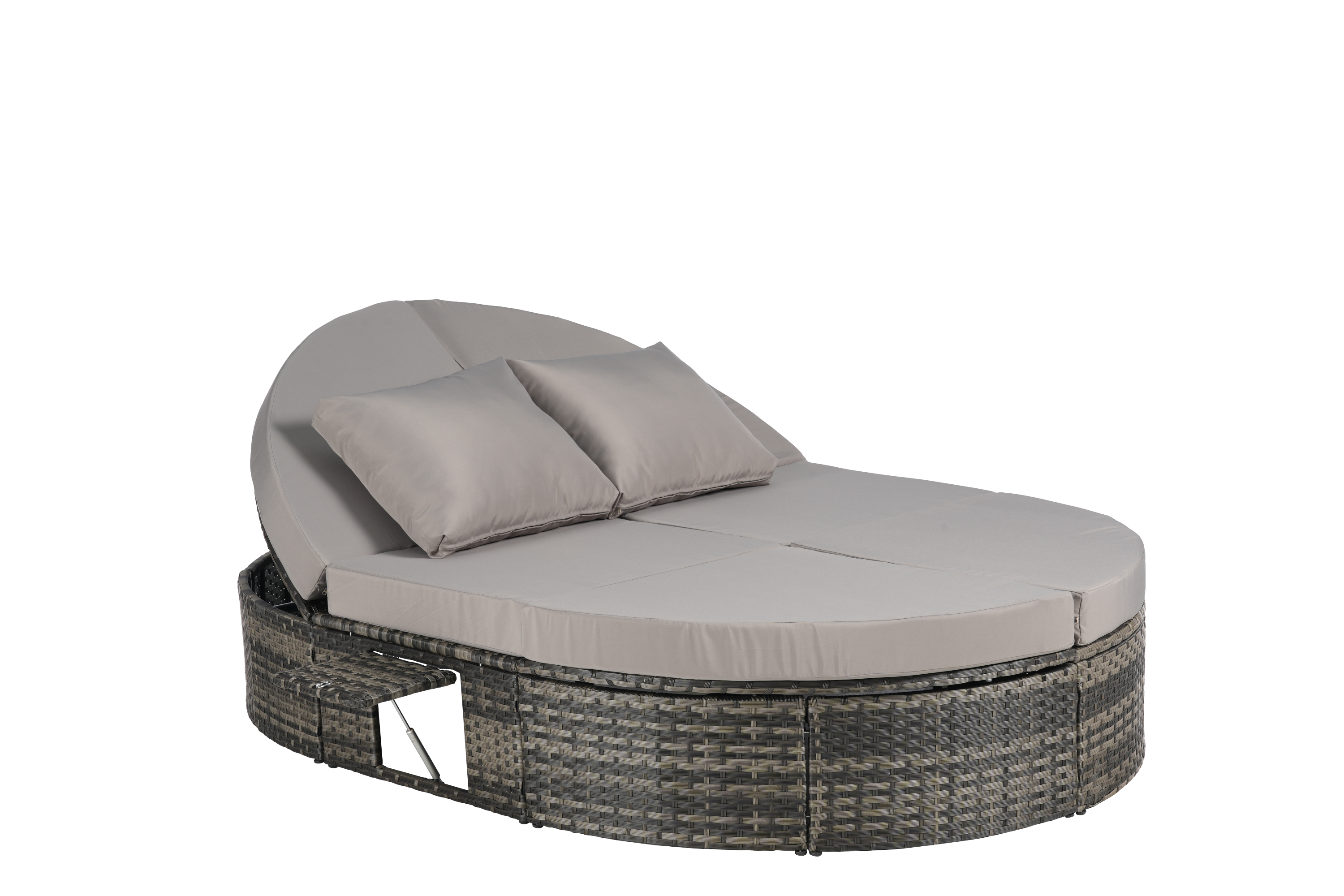 Round outdoor patio daybed with adjustable backrests foldable cup trays and cushioned wicker design ideal for backyard and poolside lounging