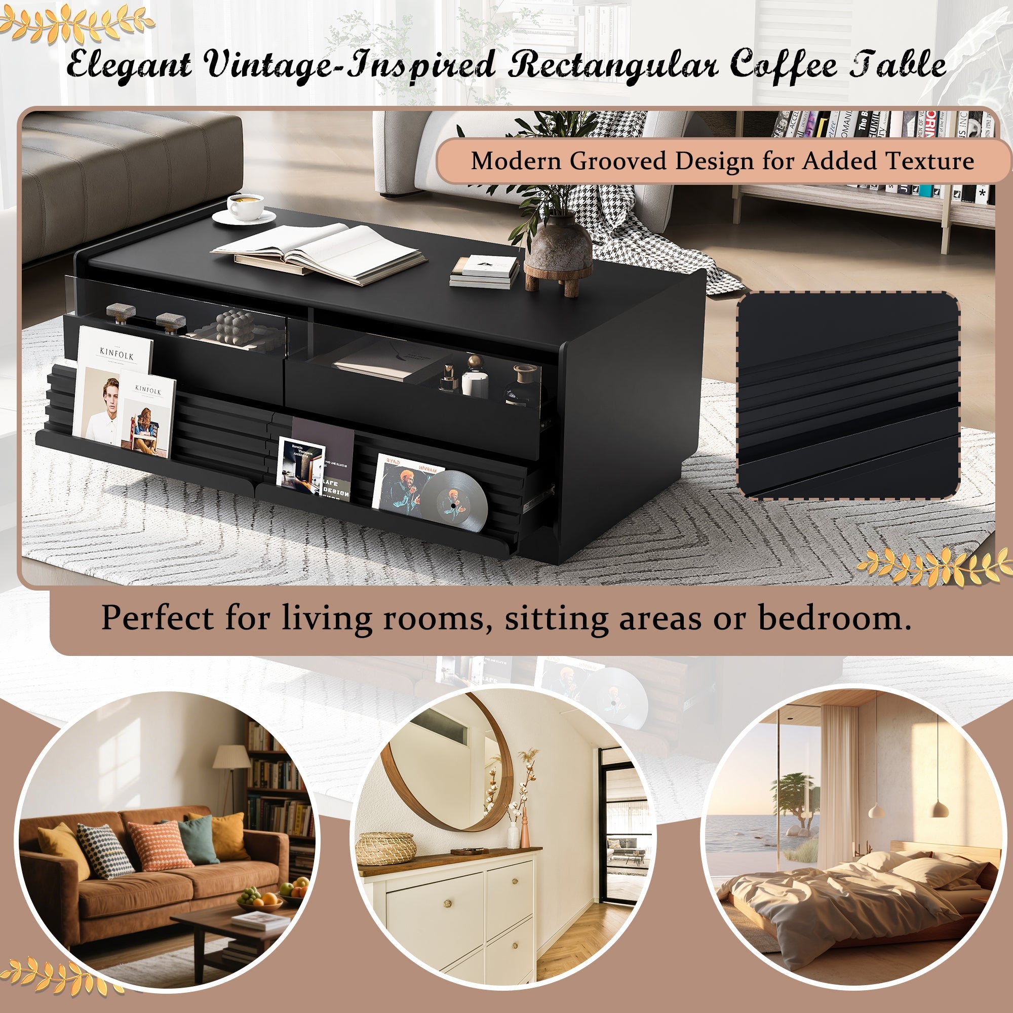 Modern 47.2' Wood Coffee Table with Fluted Style