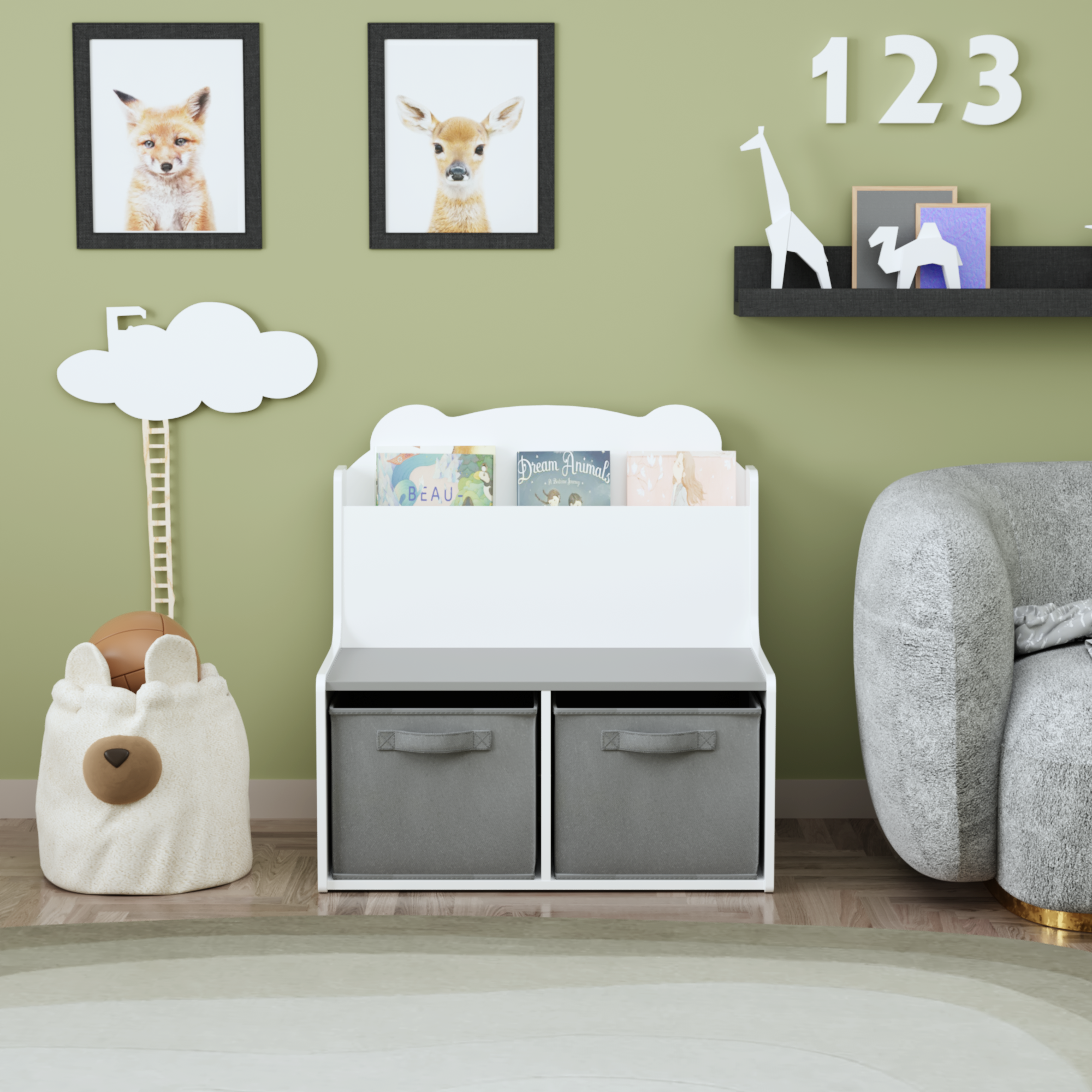 Kids Bookshelf with Storage Bins Wooden Bookcase