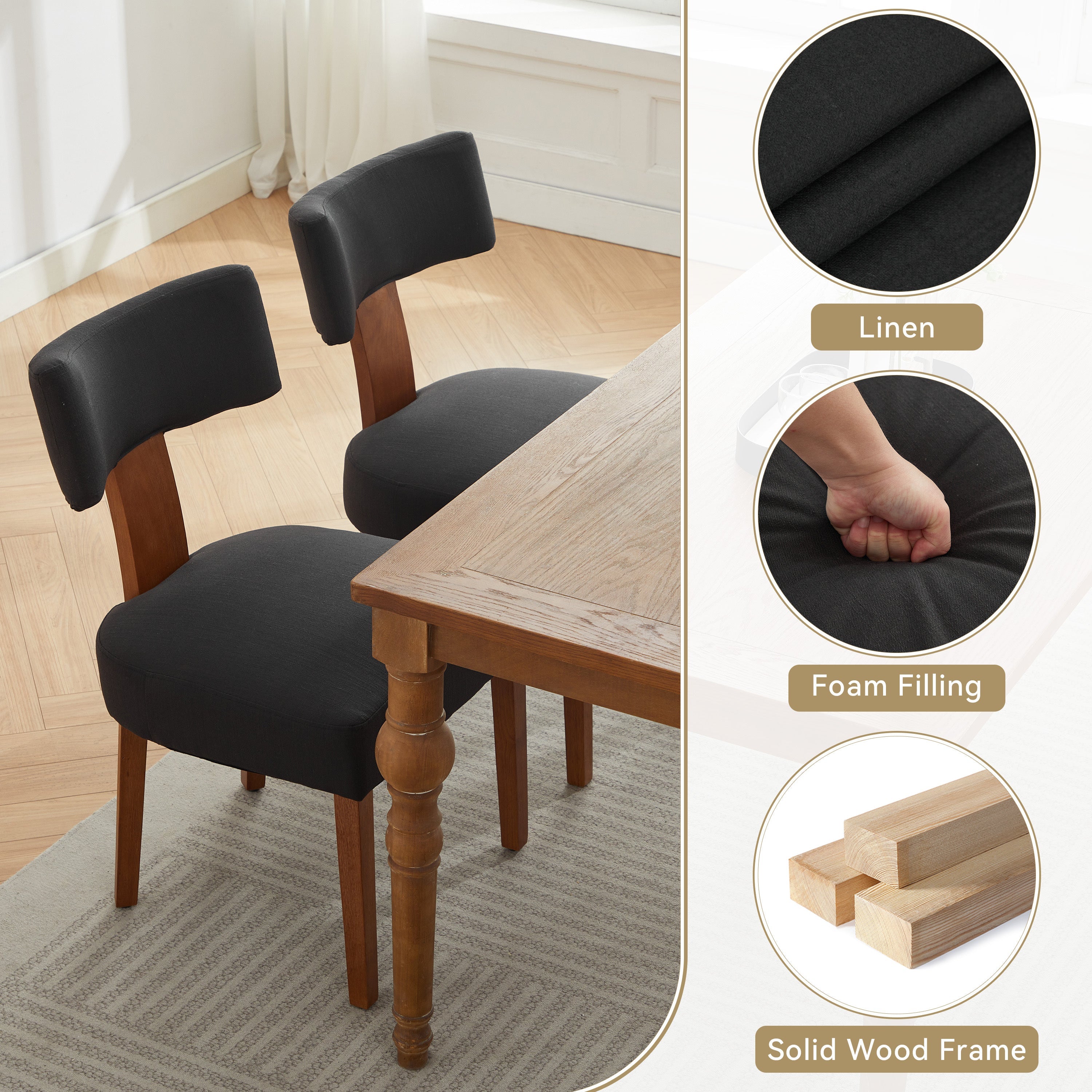 2Pcs  Modern Armless Dining Chairs With Curved Wingback and Solid Wooden Legs