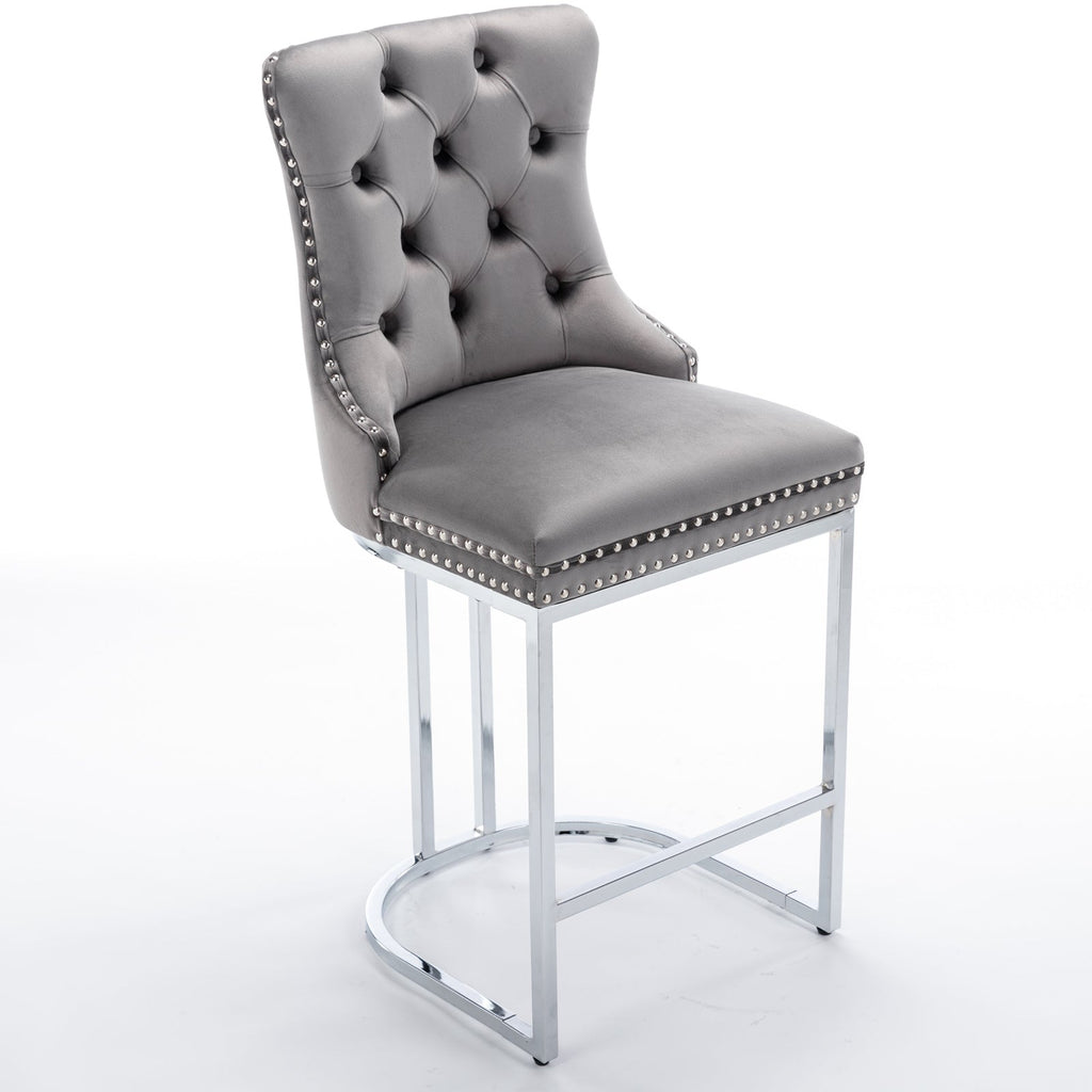 Luxury Elegant Nailhead Trim Tufted Velvet Bar Stools (Set of 2)