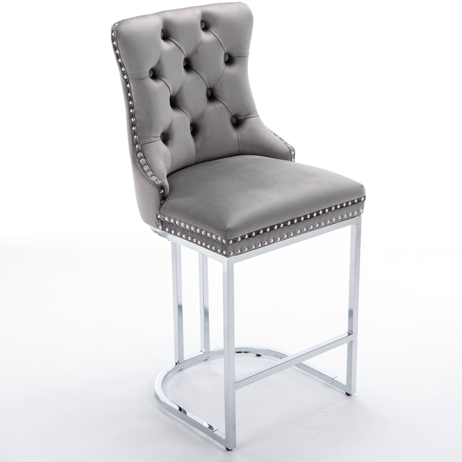 Luxury Elegant Nailhead Trim Tufted Velvet Bar Stools (Set of 2)