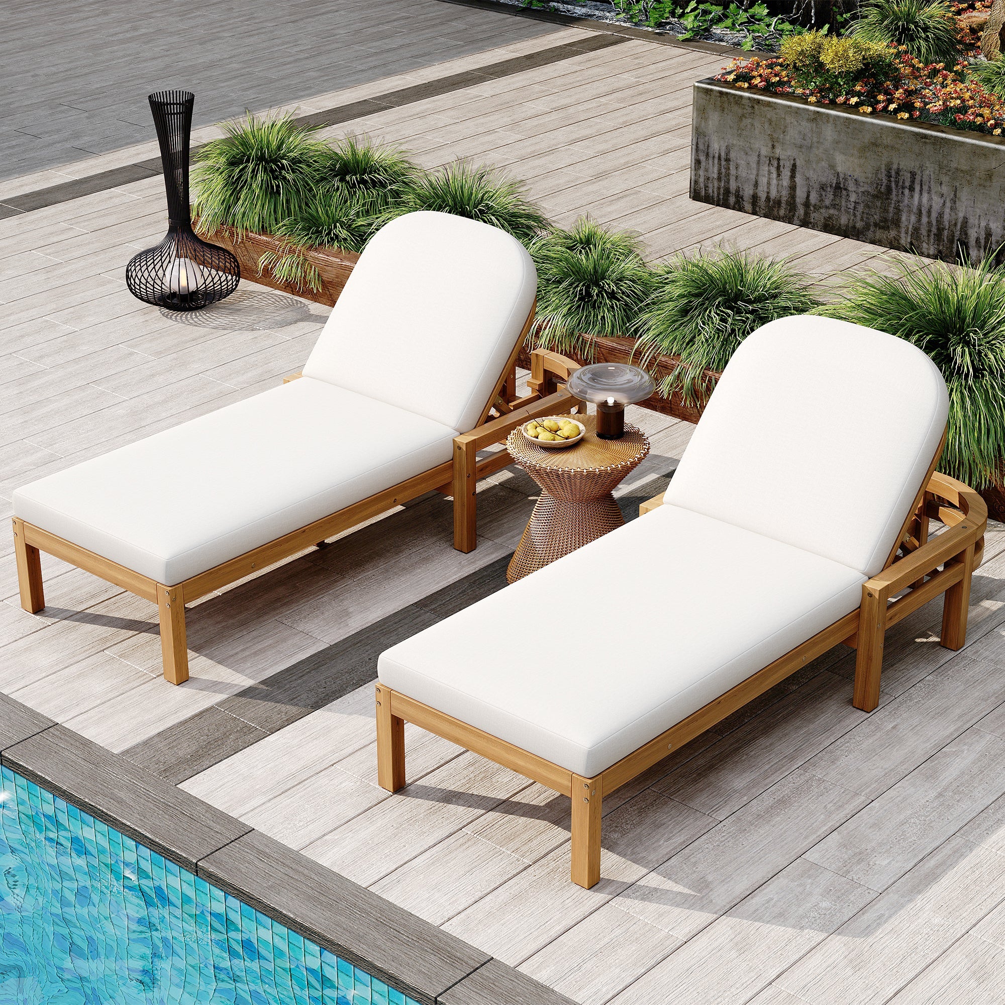 Acacia Wood Chaise Lounge Chairs 5-Position Adjustable Backrest for Patio Poolside