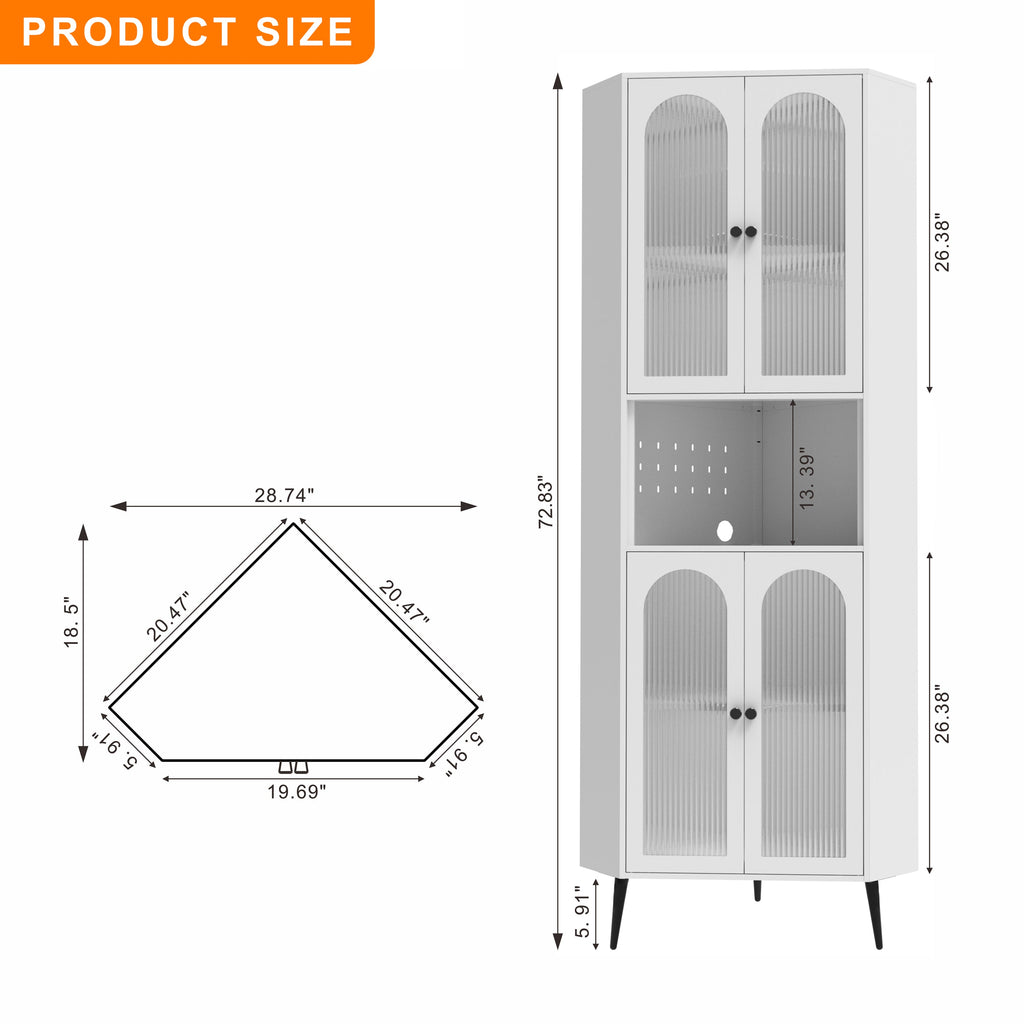 White 73in Corner Storage Cabinet Metal with Doors Adjustable Shelves Space-Saving
