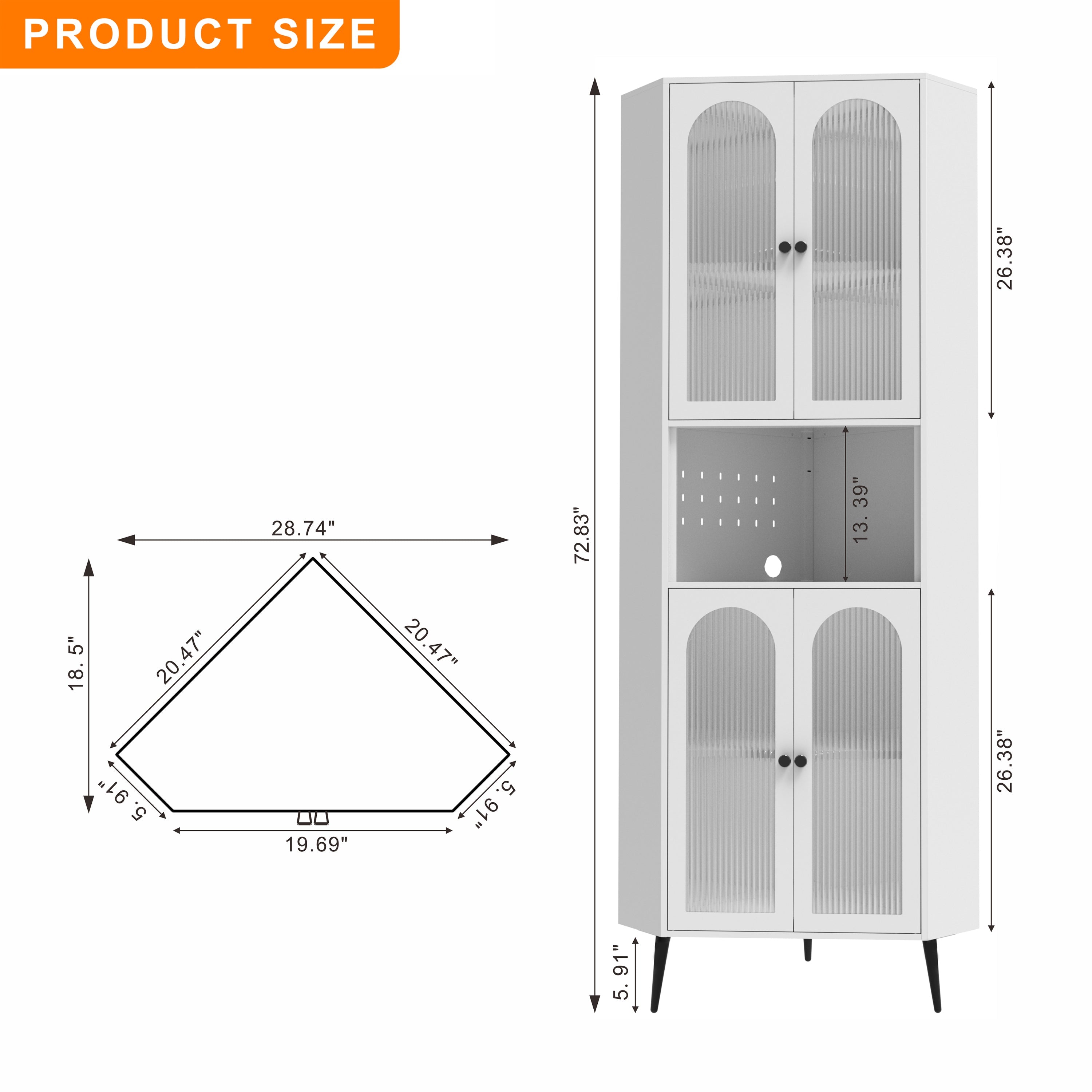 White 73in Corner Storage Cabinet Metal with Doors Adjustable Shelves Space-Saving