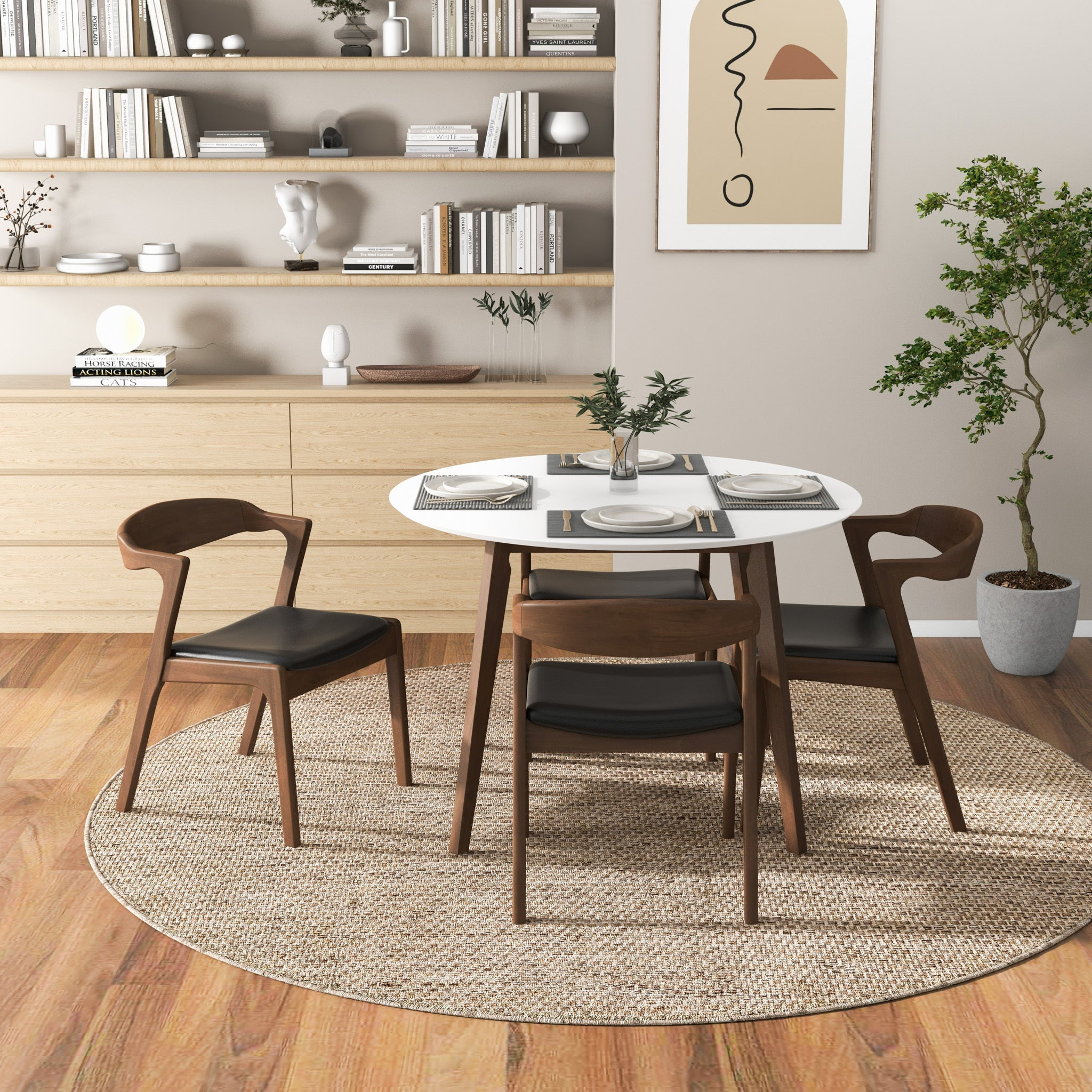 Mid-Century Solid Wood Dining Chair Set with Black Leather Upholstery (Set of 2)