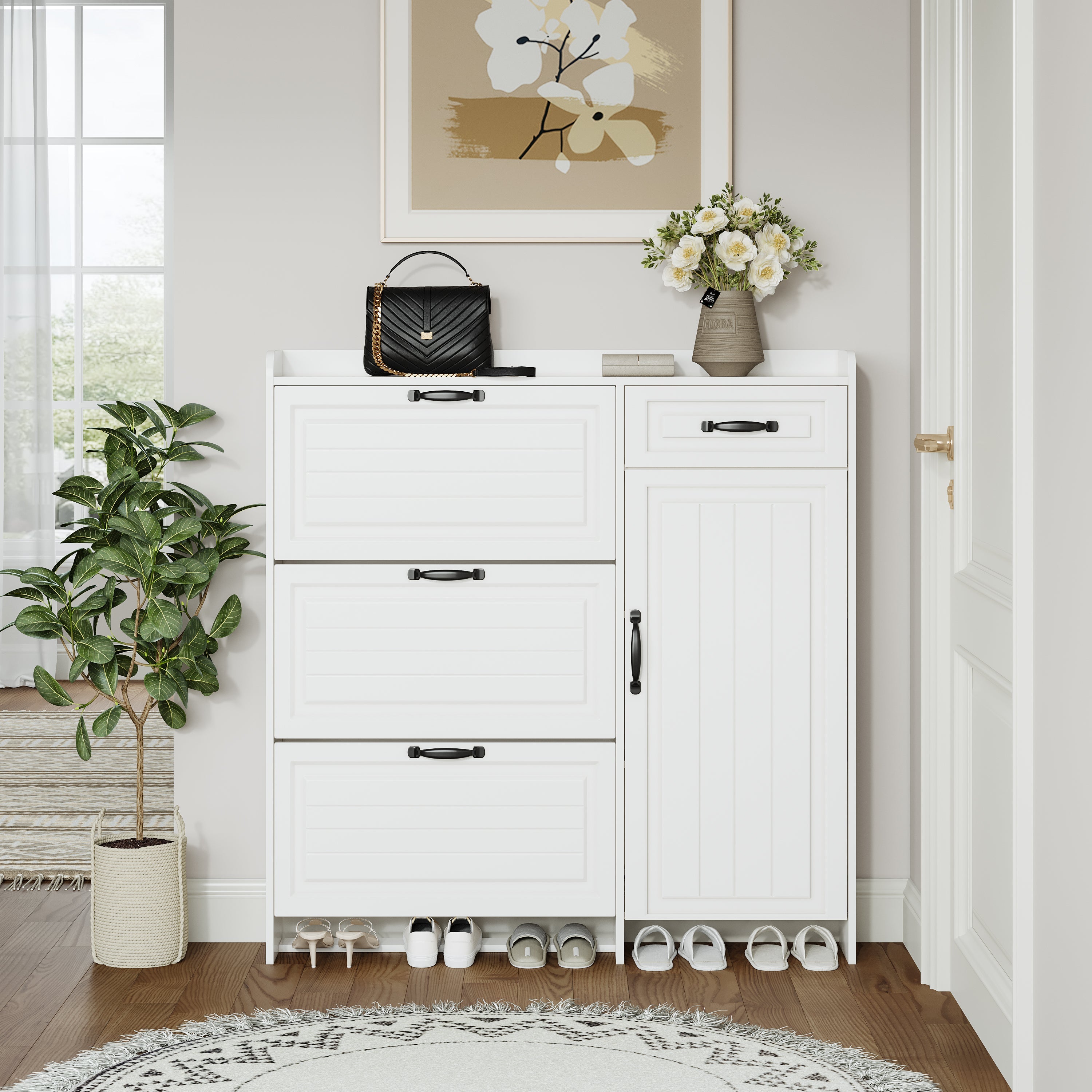 White Color Shoe Cabinet  with 4 Doors 1 Drawers