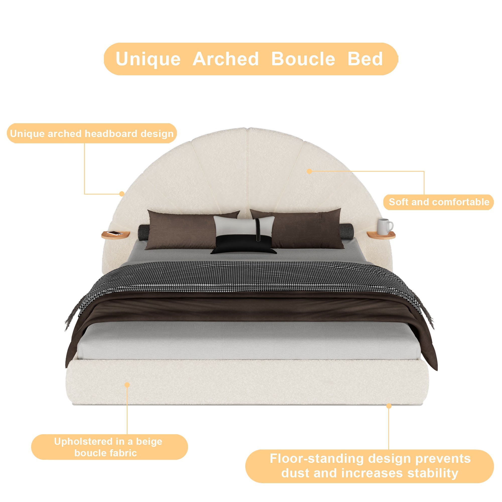 Unique Arched Boucle Bed with Small Table