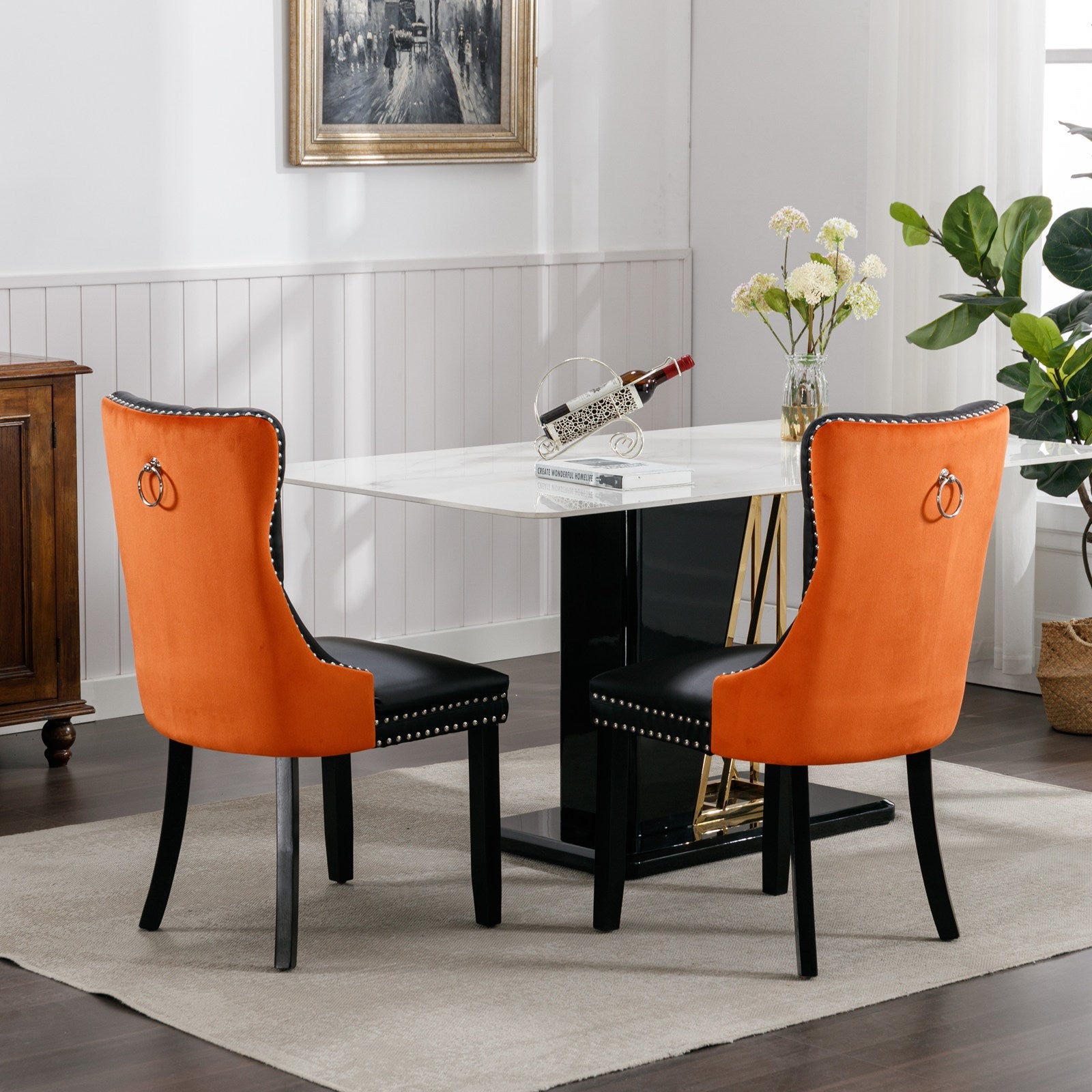Tufted Solid Wood PU Upholstered Dining Chair with Wood Legs (Set of 2)