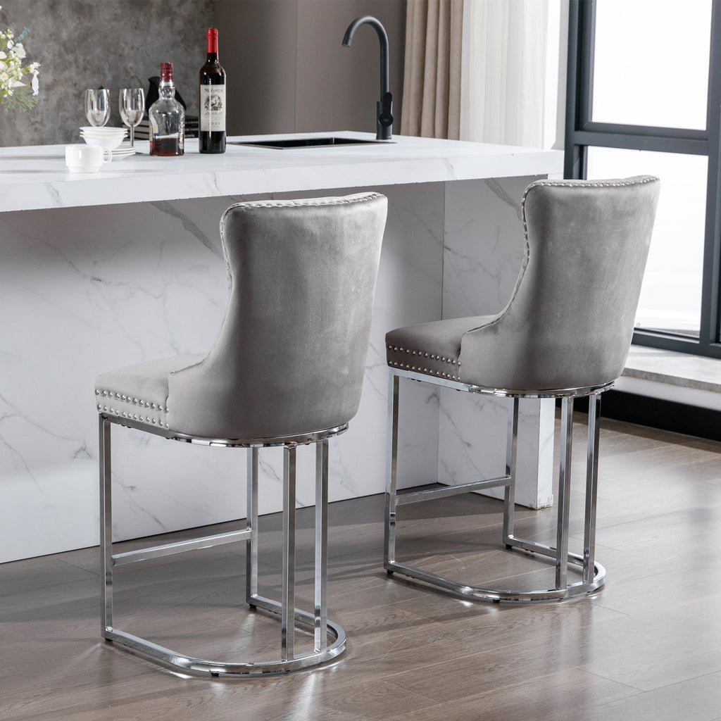 Luxury Elegant Nailhead Trim Tufted Velvet Bar Stools (Set of 2)