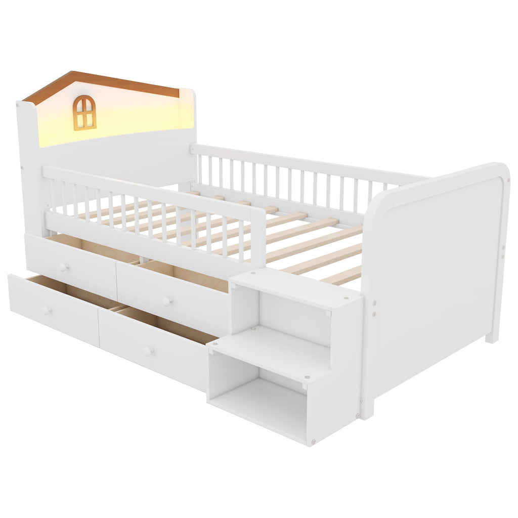 Wooden Twin Loft Bed with House Shape Headboard