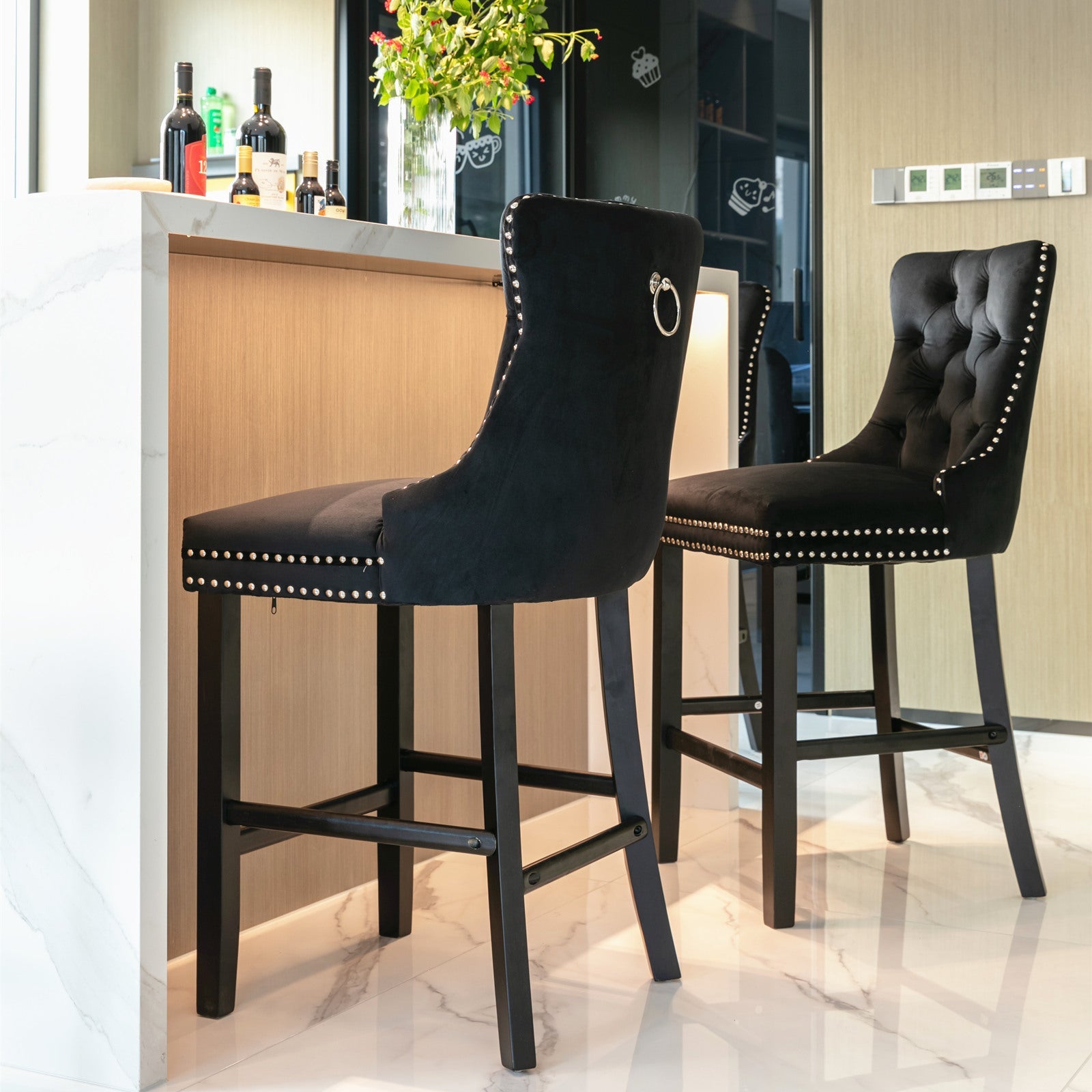 Contemporary Velvet Upholstered Barstools with Button Tufted Decoration (Set of 2)