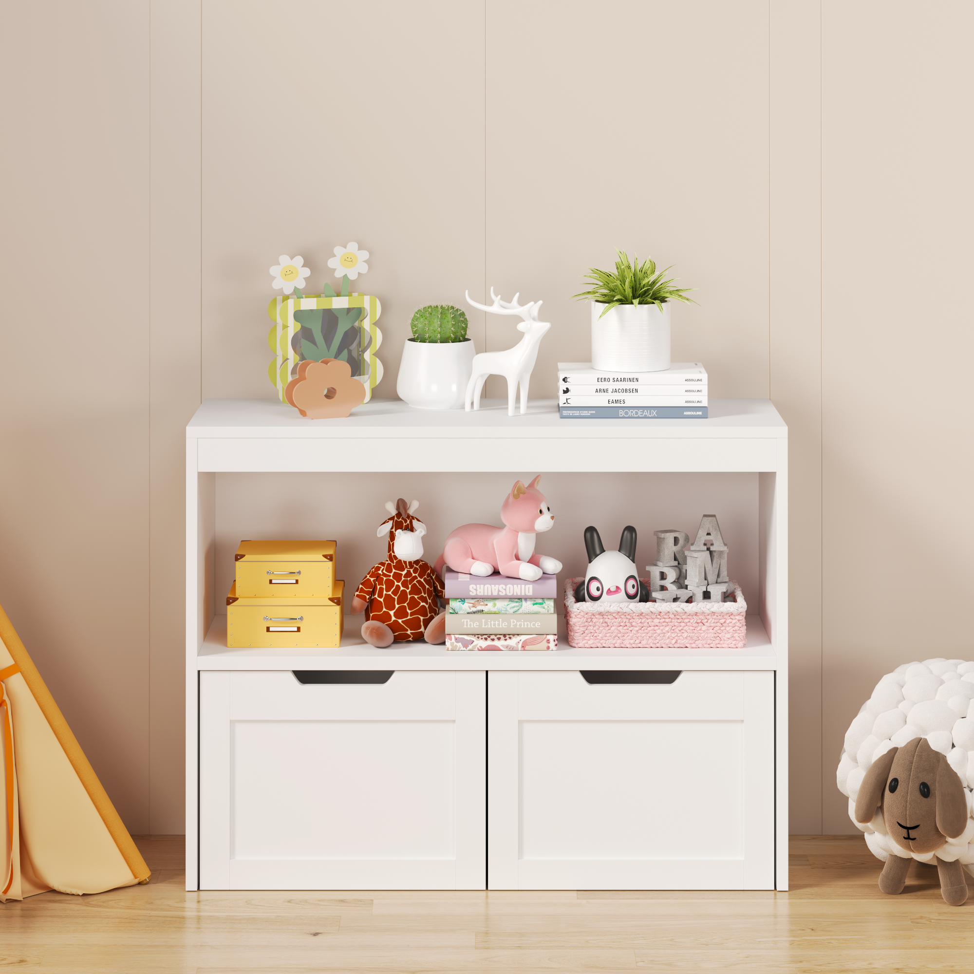 Toy Storage Cabinet  with Large Drawers and Open Shelves