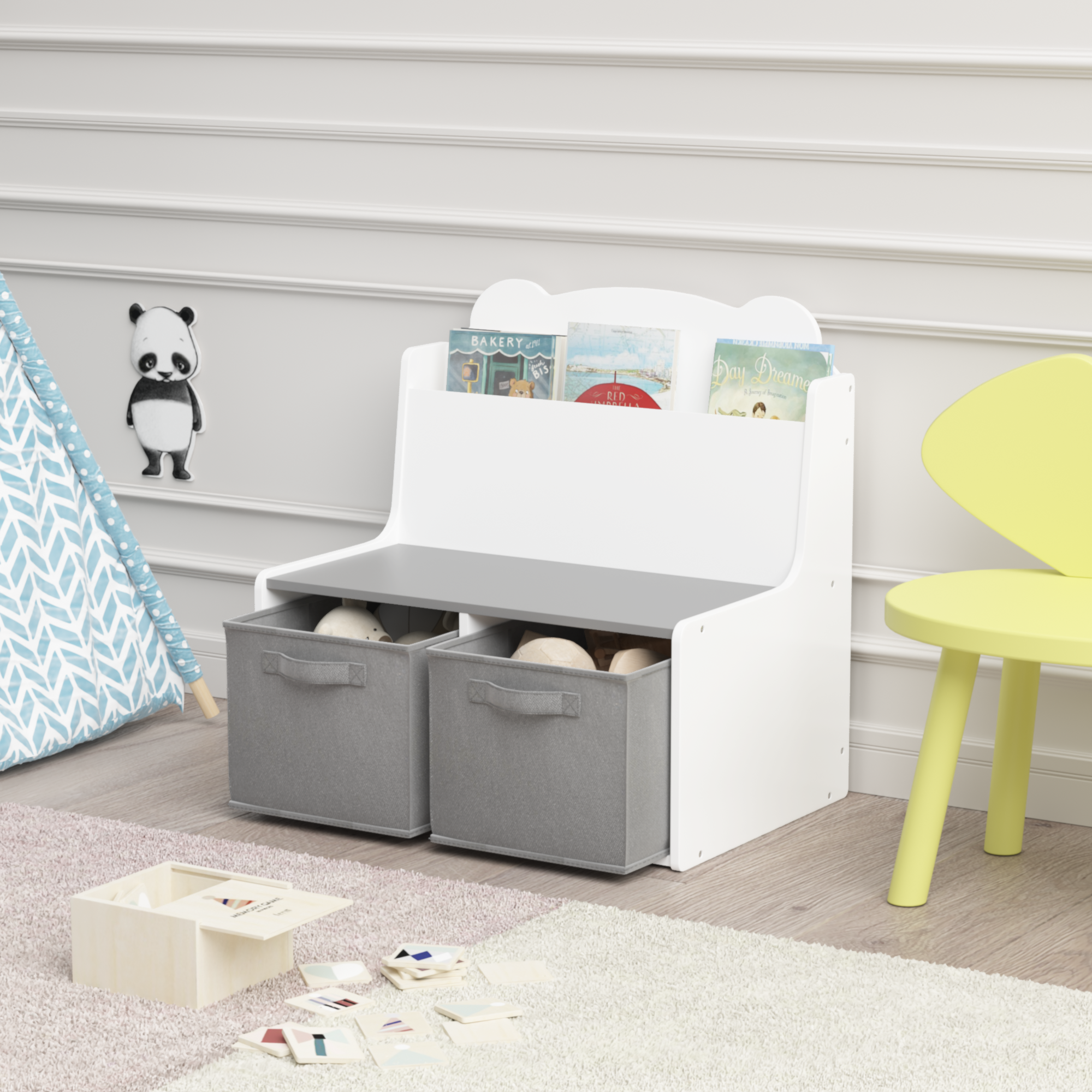 Kids Bookshelf with Storage Bins Wooden Bookcase