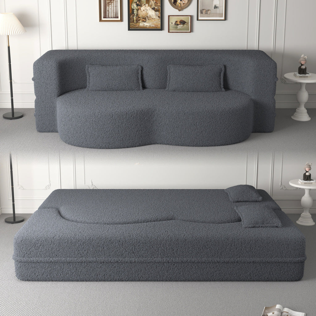 Modern Convertible Teddy Fabric Sofa with 2 Pillows