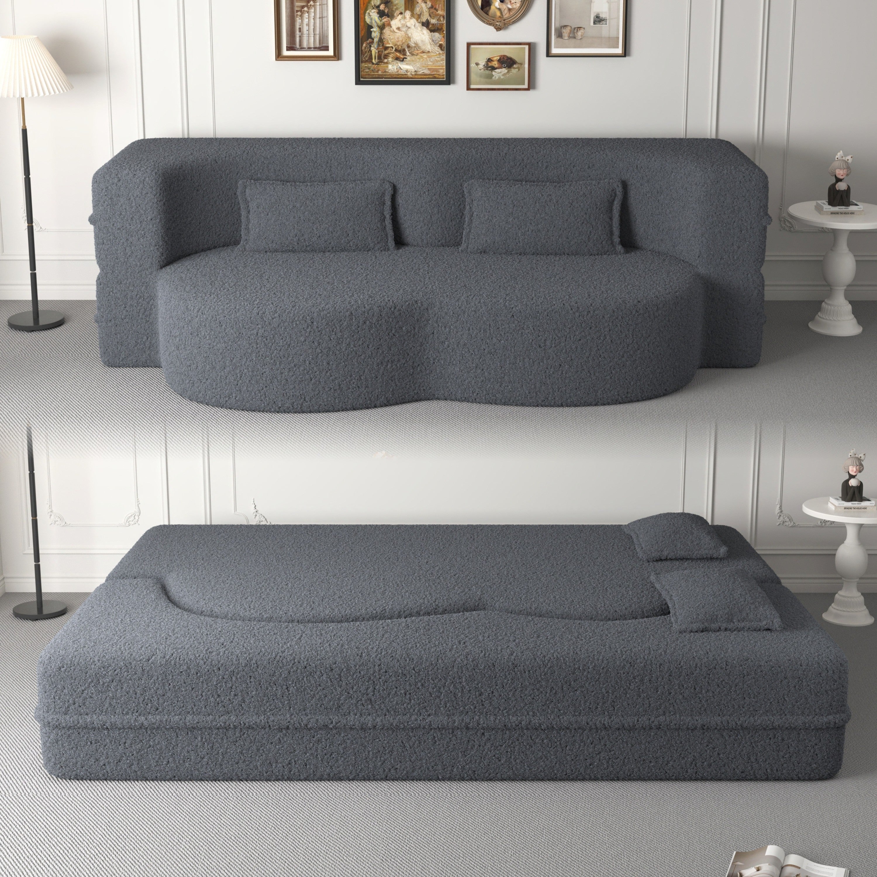 Modern Convertible Teddy Fabric Sofa with 2 Pillows