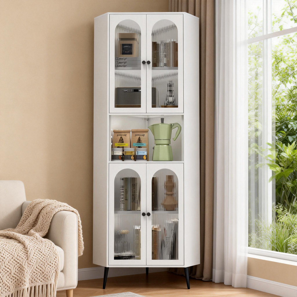 White 73in Corner Storage Cabinet Metal with Doors Adjustable Shelves Space-Saving