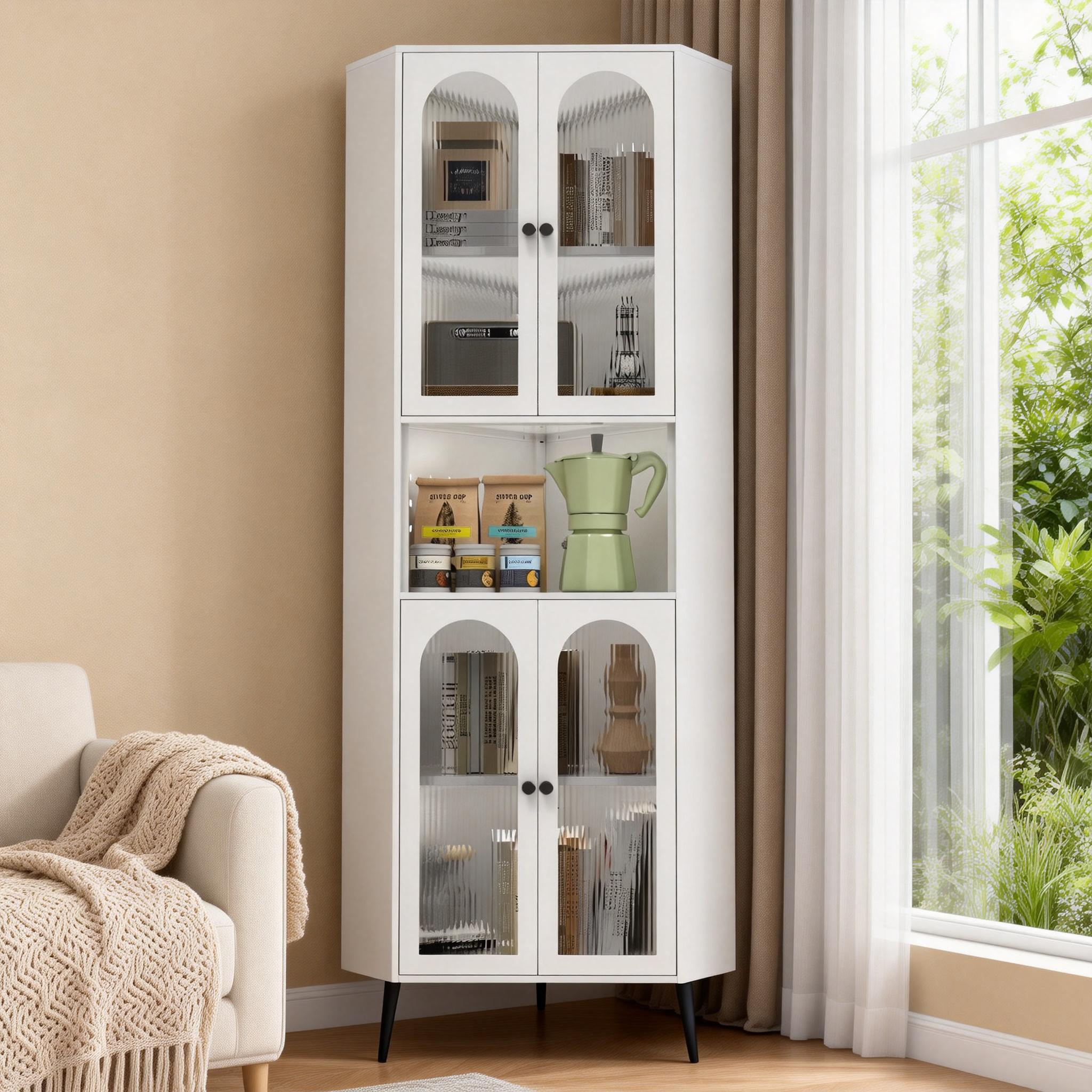White 73in Corner Storage Cabinet Metal with Doors Adjustable Shelves Space-Saving