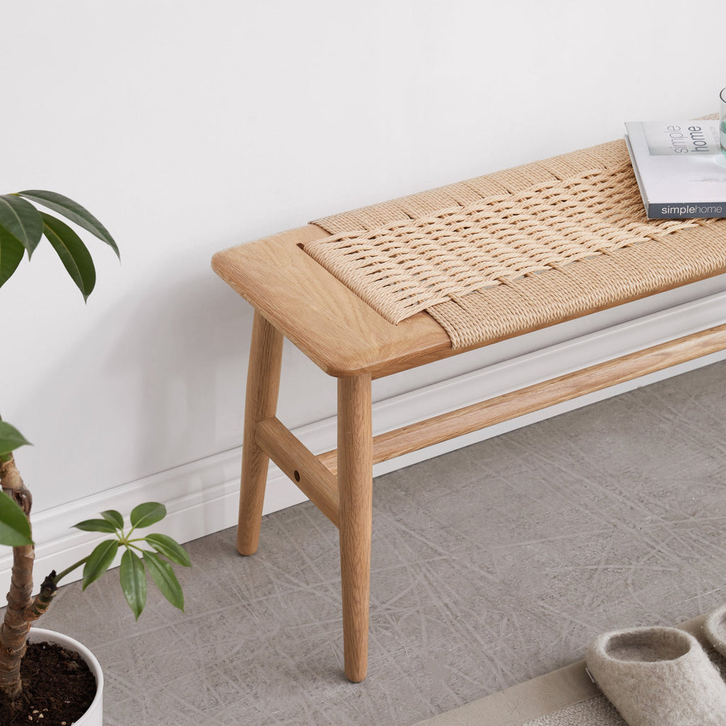 Woven Design Oak  Dining Bench with Handwoven Cane Seat
