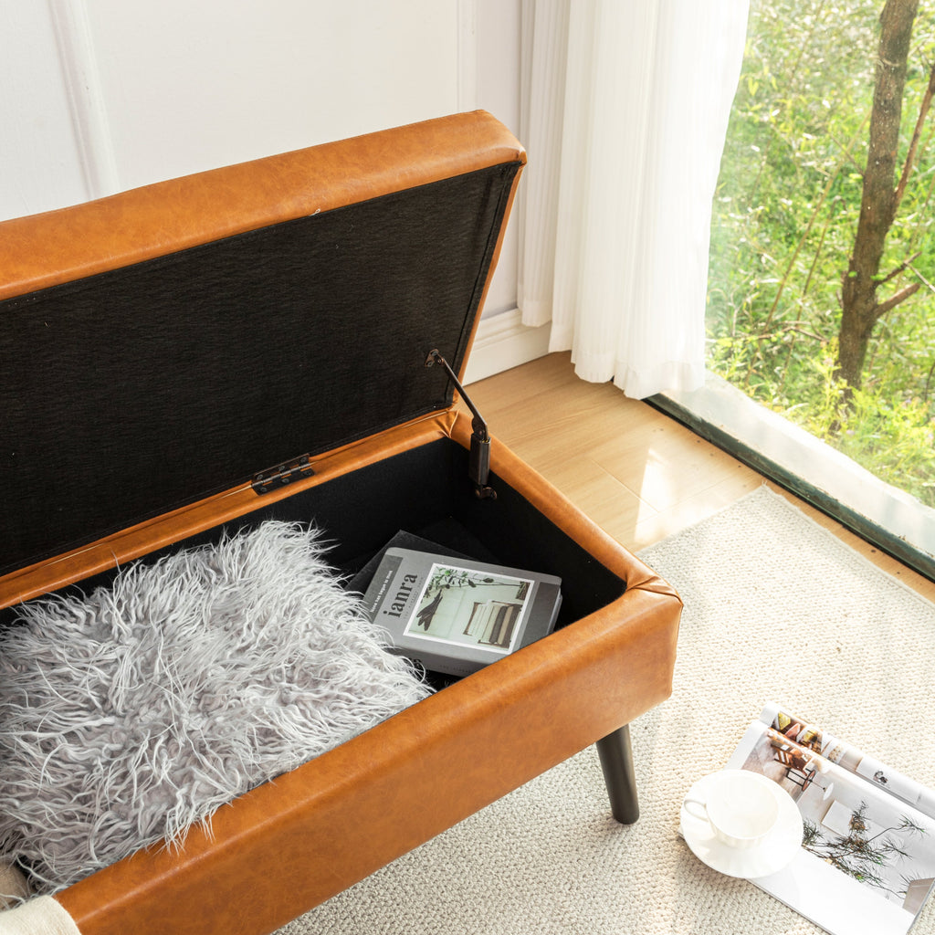 Brown PU Leather Storage Bench