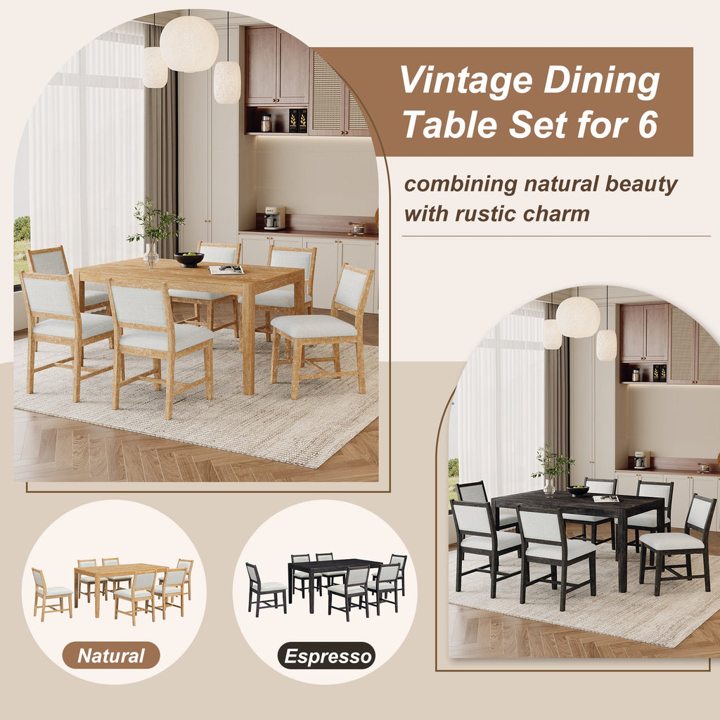 7-Piece Retro Rectangular Wood Dining Table Set
