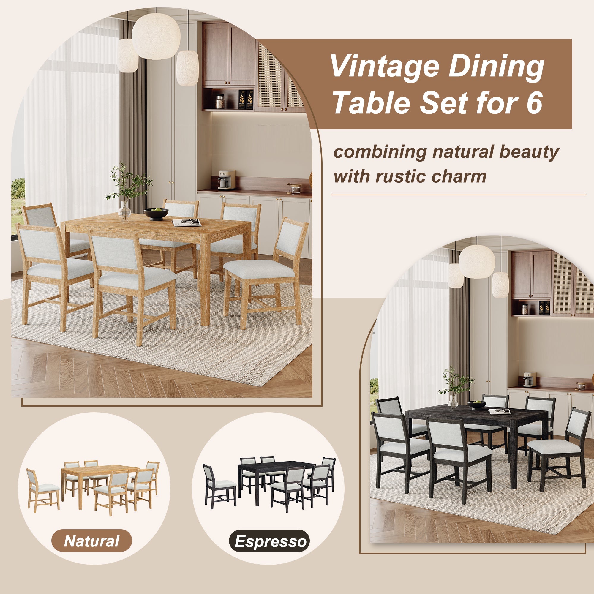 7-Piece Retro Rectangular Wood Dining Table Set