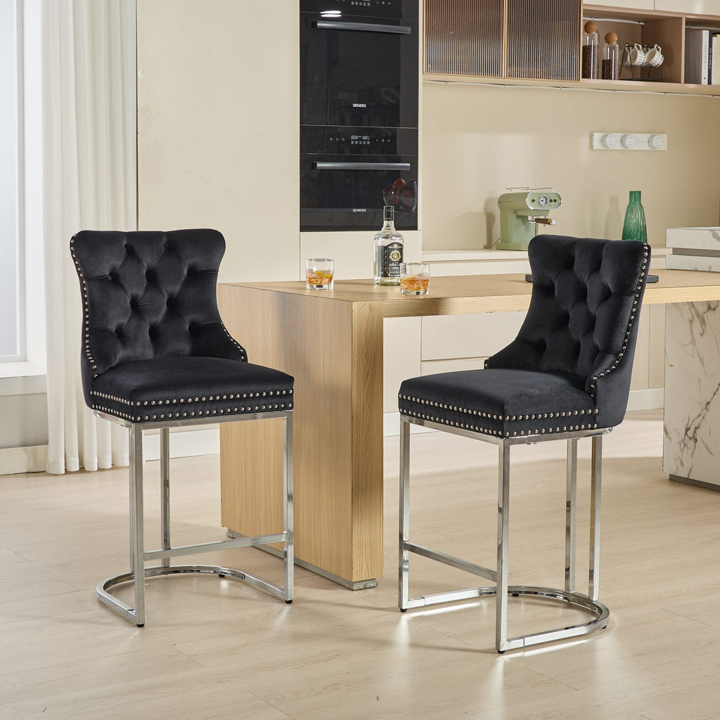Luxury Elegant Nailhead Trim Tufted Velvet Bar Stools (Set of 2)