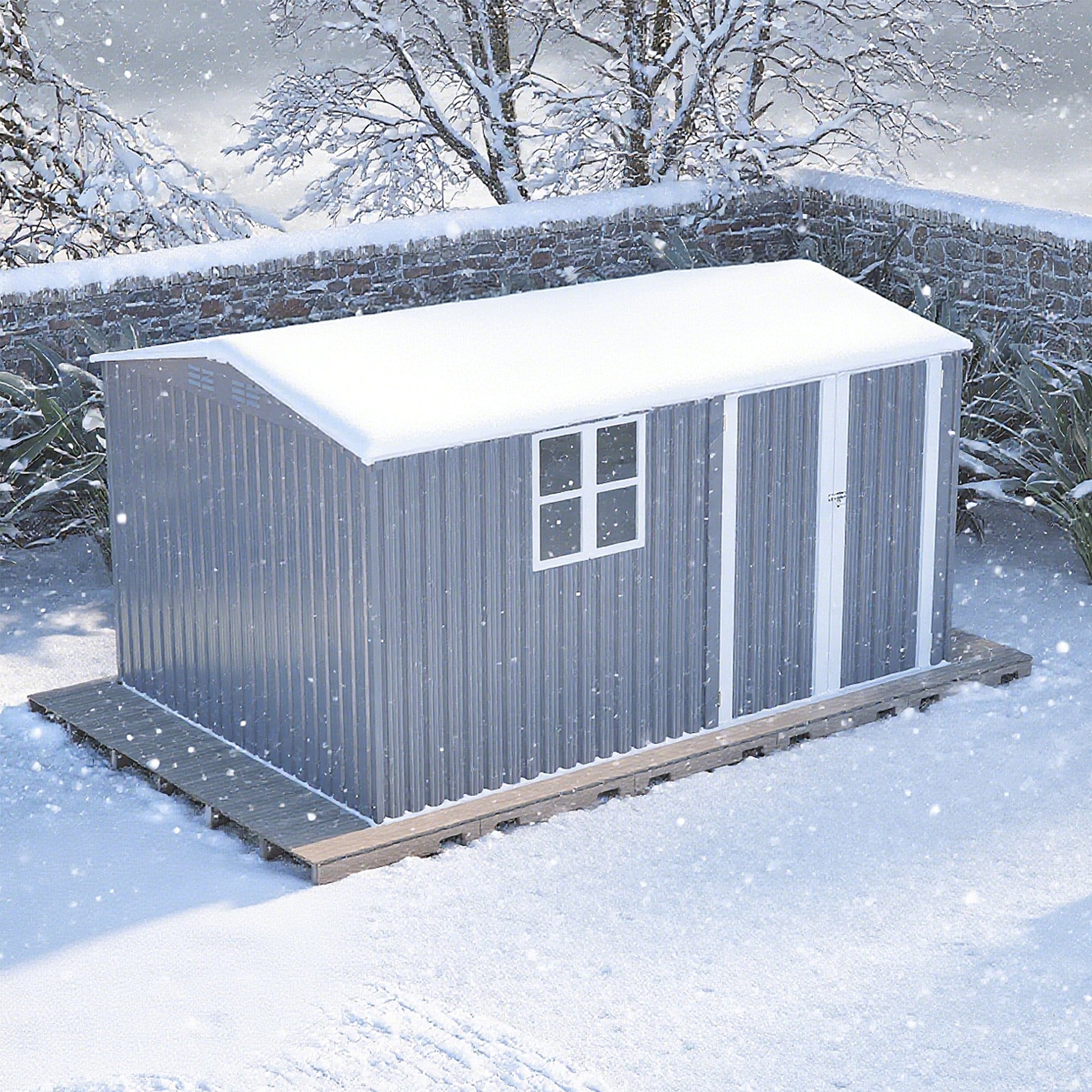 8x12ft Steel Storage Shed w/ Window, Hinged Doors, 4 Vents for Yard/Garden/Patio