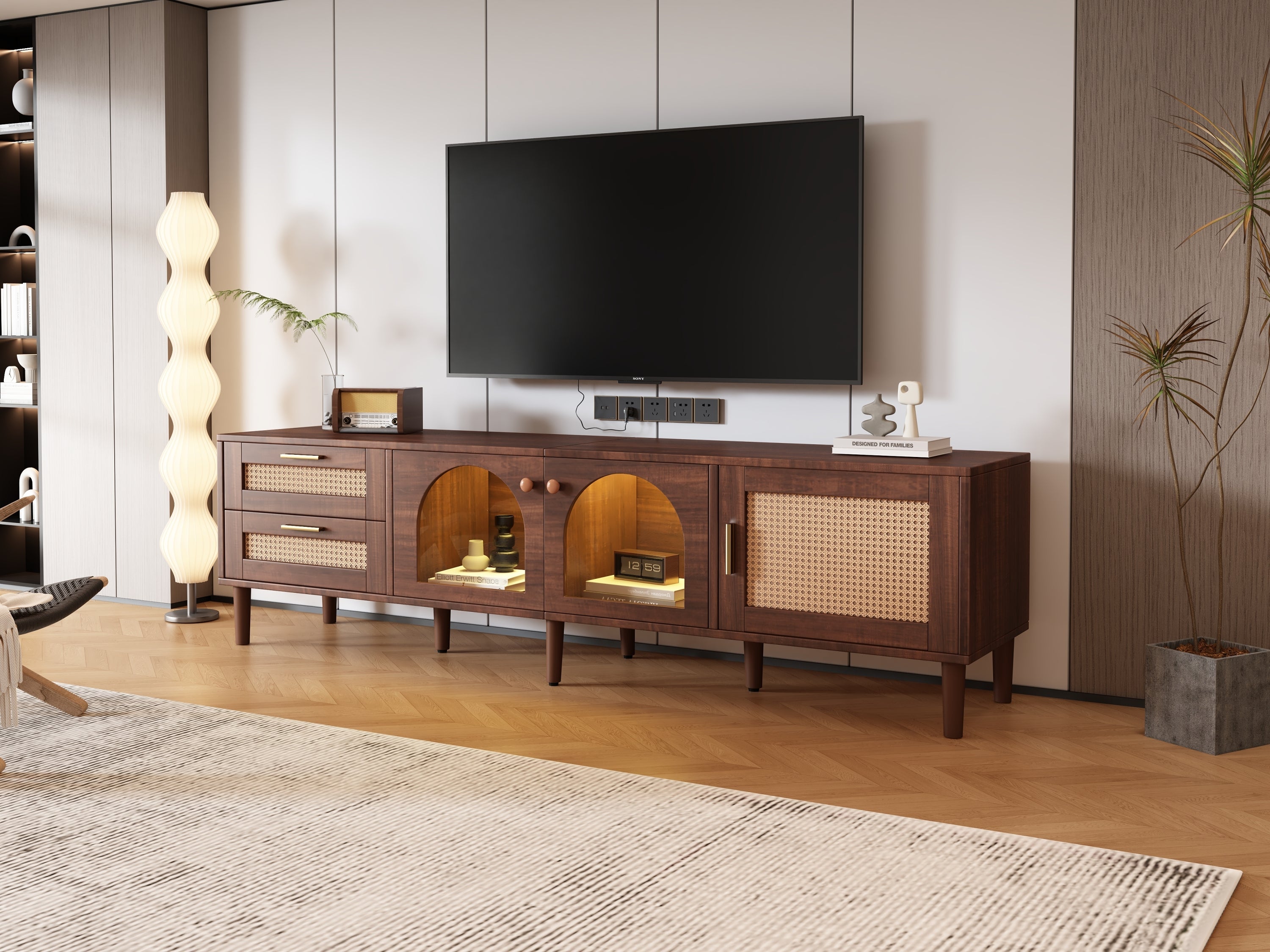 70" Rattan LED Light Entertainment TV Stand