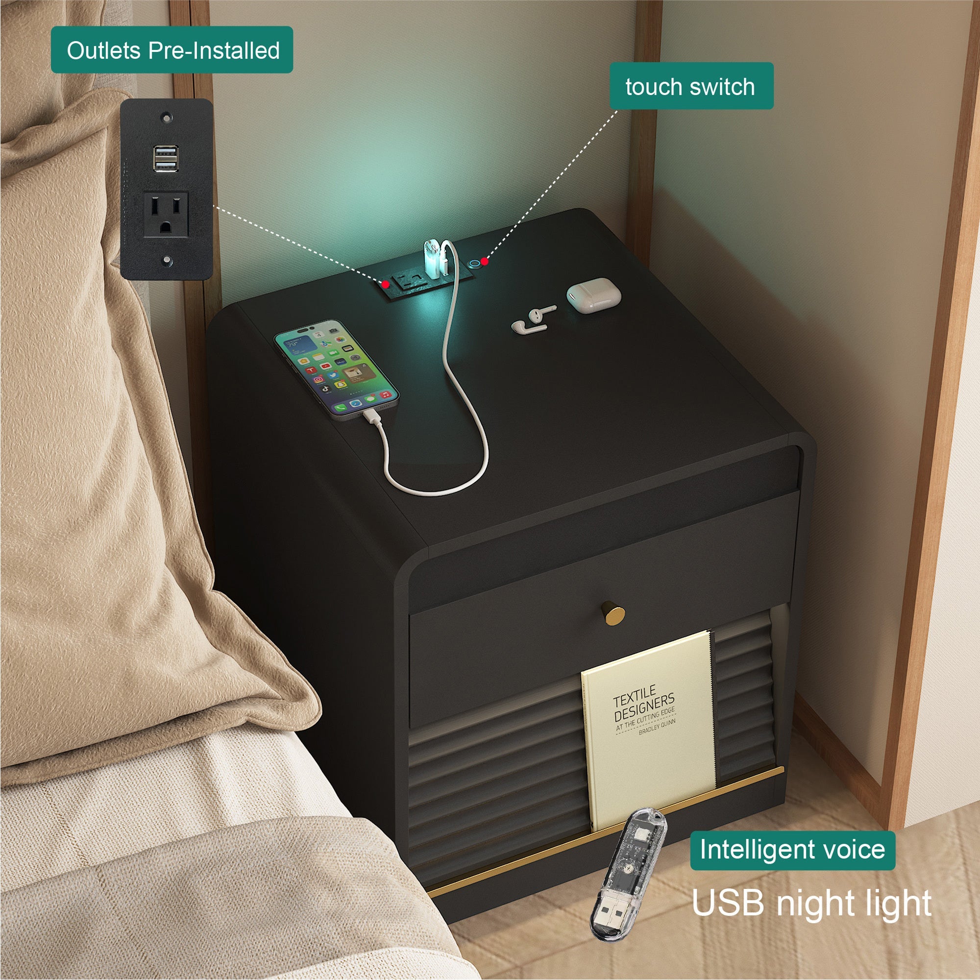 Smart Nightstand with Charging Station & Voice-Controlled LED Lights