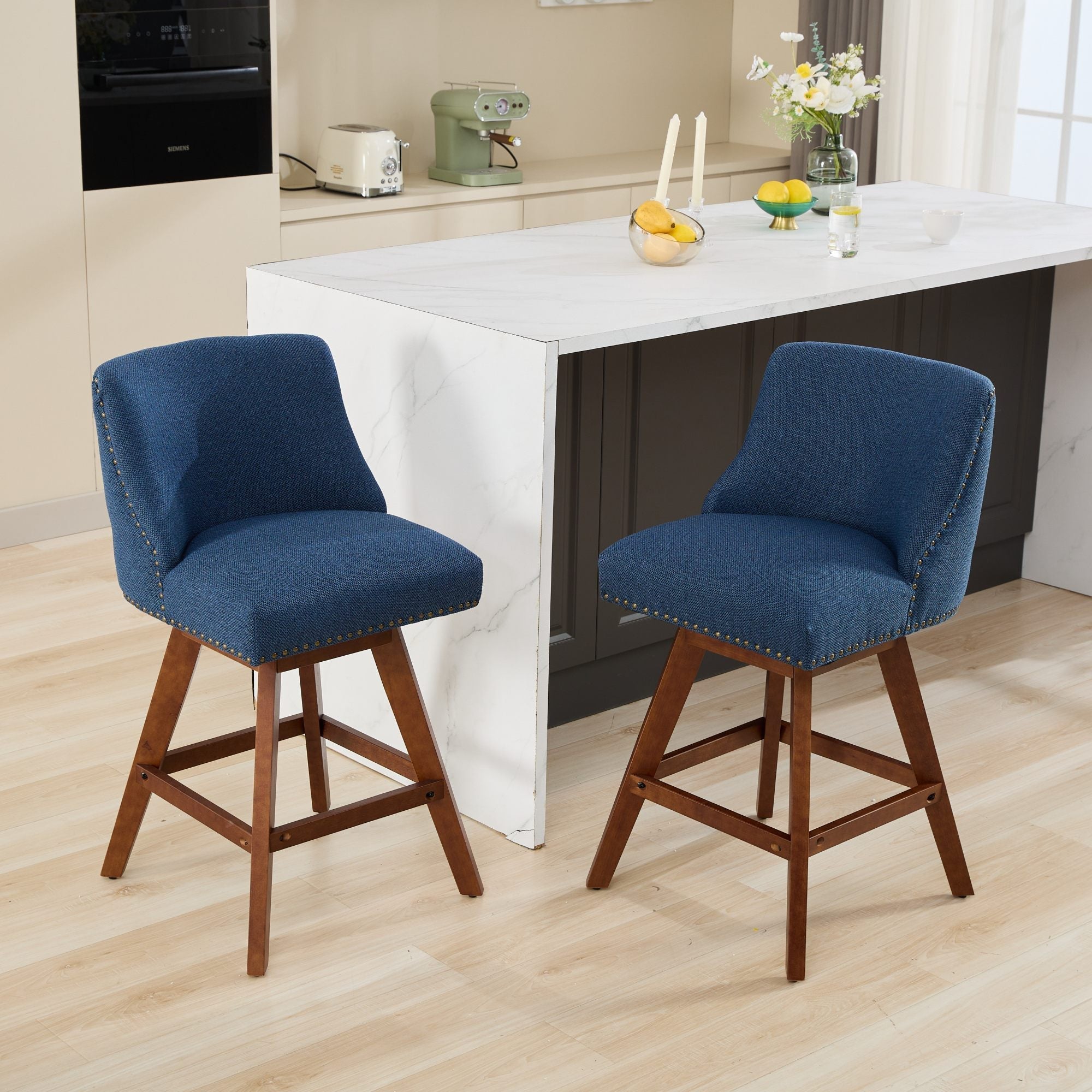 Upholstered Swivel Counter Height Bar Stools with Nailhead Trim (Set of 2)