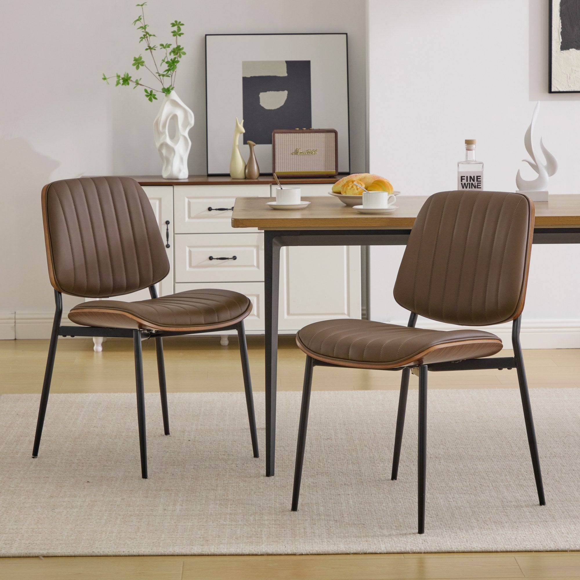 Mid Century Modern Retro Faux Leather Dining Chairs with Walnut Bentwood (Set of 2)